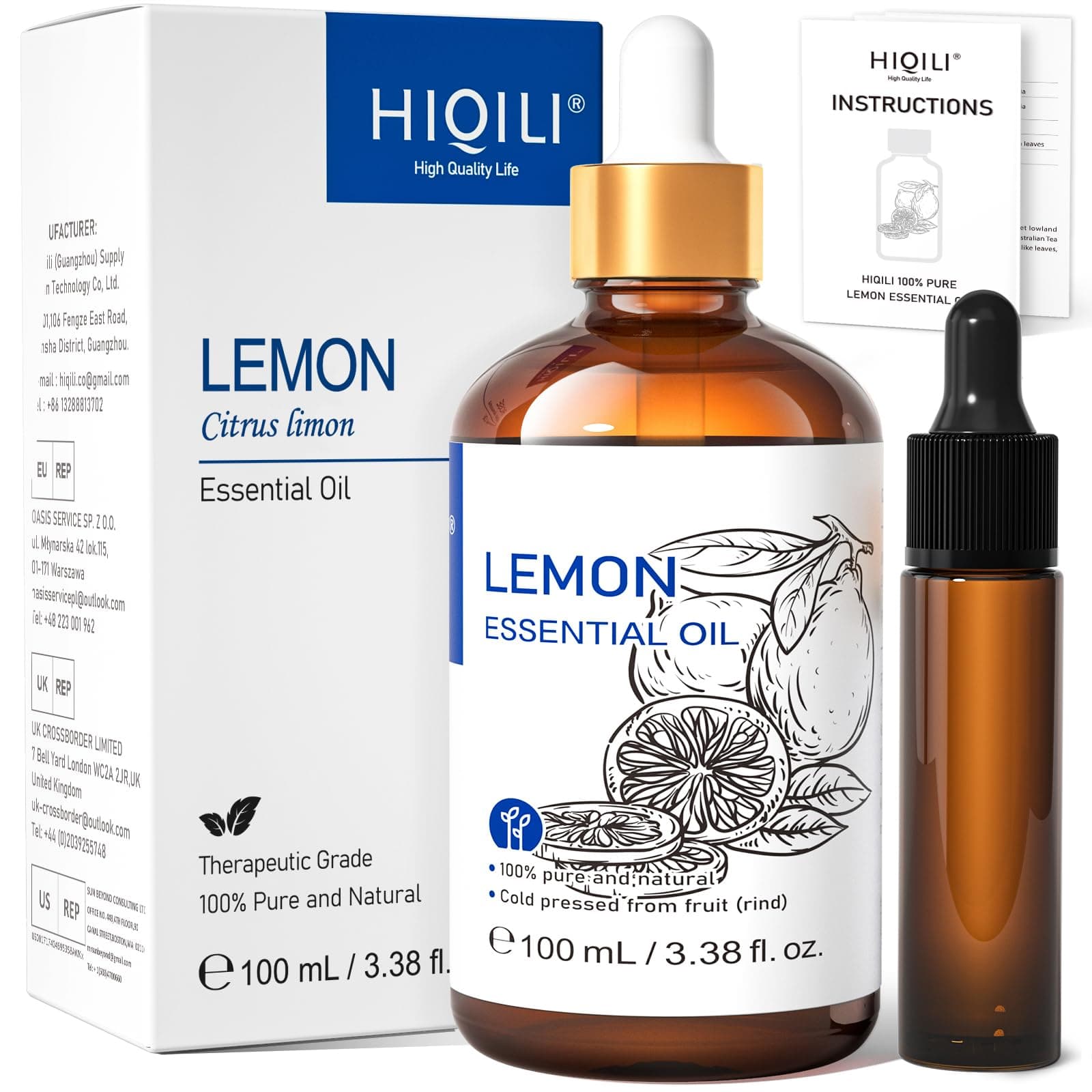 HIQILI Lemon Essential Oil, Household Cleaning, Air Purification, Skin Care, Can be Added to Cleansers, Sprays, Body Lotions Use - 3.38 Fl Oz/100ML