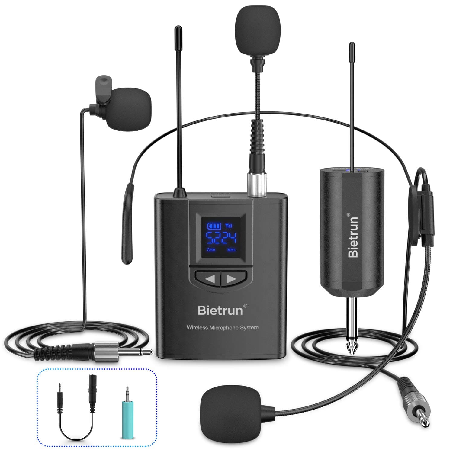 Bietrun UHF Wireless Lavalier Lapel Microphone System/Headphone/Microphone with Stand, 165 Feet Range, Rechargeable Receiver Transmitter, 1/4" Output for iPhone, Android, PA Speaker