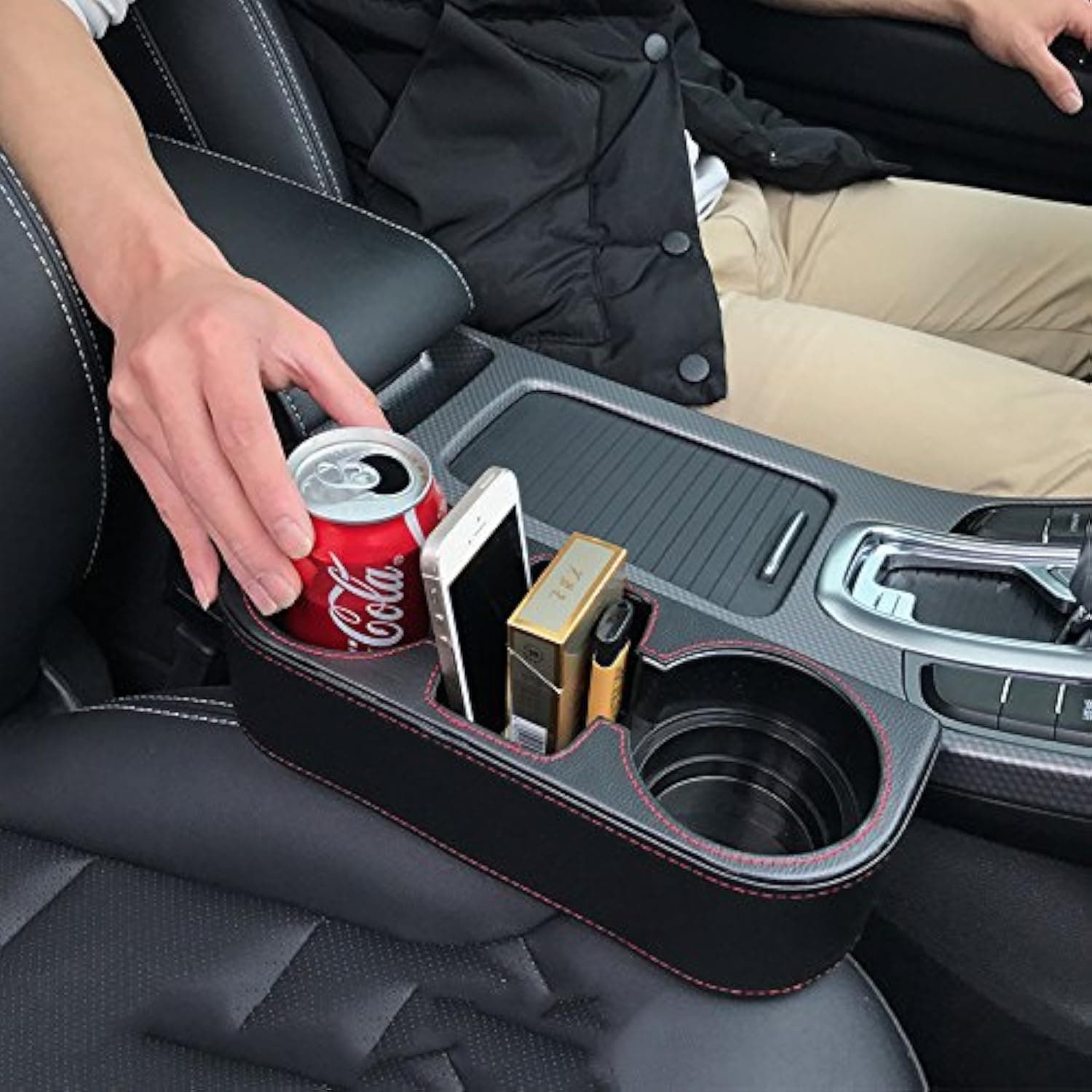 Iokone Coin Side Pocket Console Side Pocket Leather Cover Car Cup Holder Auto Front Seat Organizer Cell Mobile Phone Holder (Black)