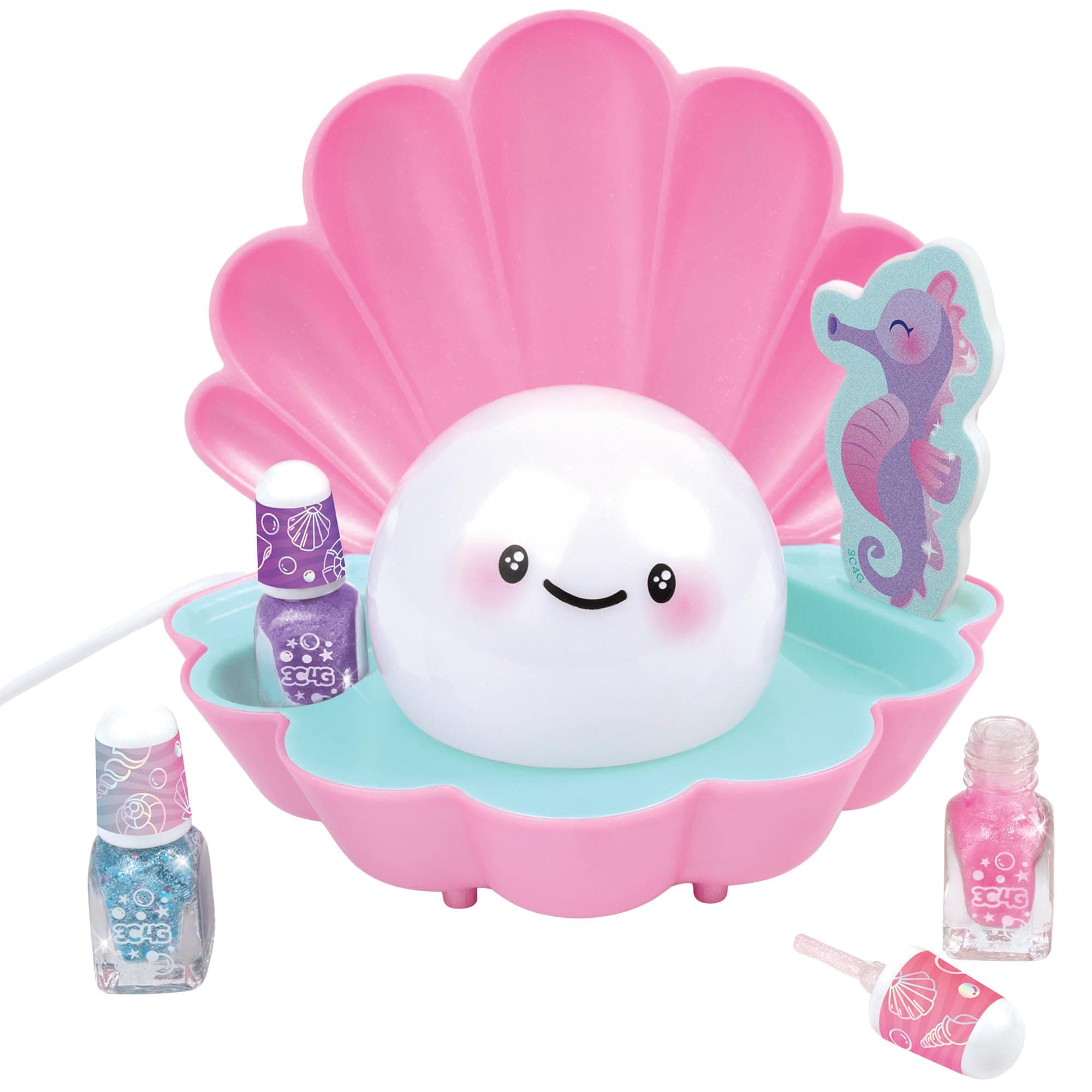 3C4G: Pearl Perfect Light-Up Nail Dryer - 6pc, Pink Shell Shaped Manicure Kit, Built-in Fan, 3 Nail Polishes, Seahorse Filer, Tweens-Girls-Kids 8+