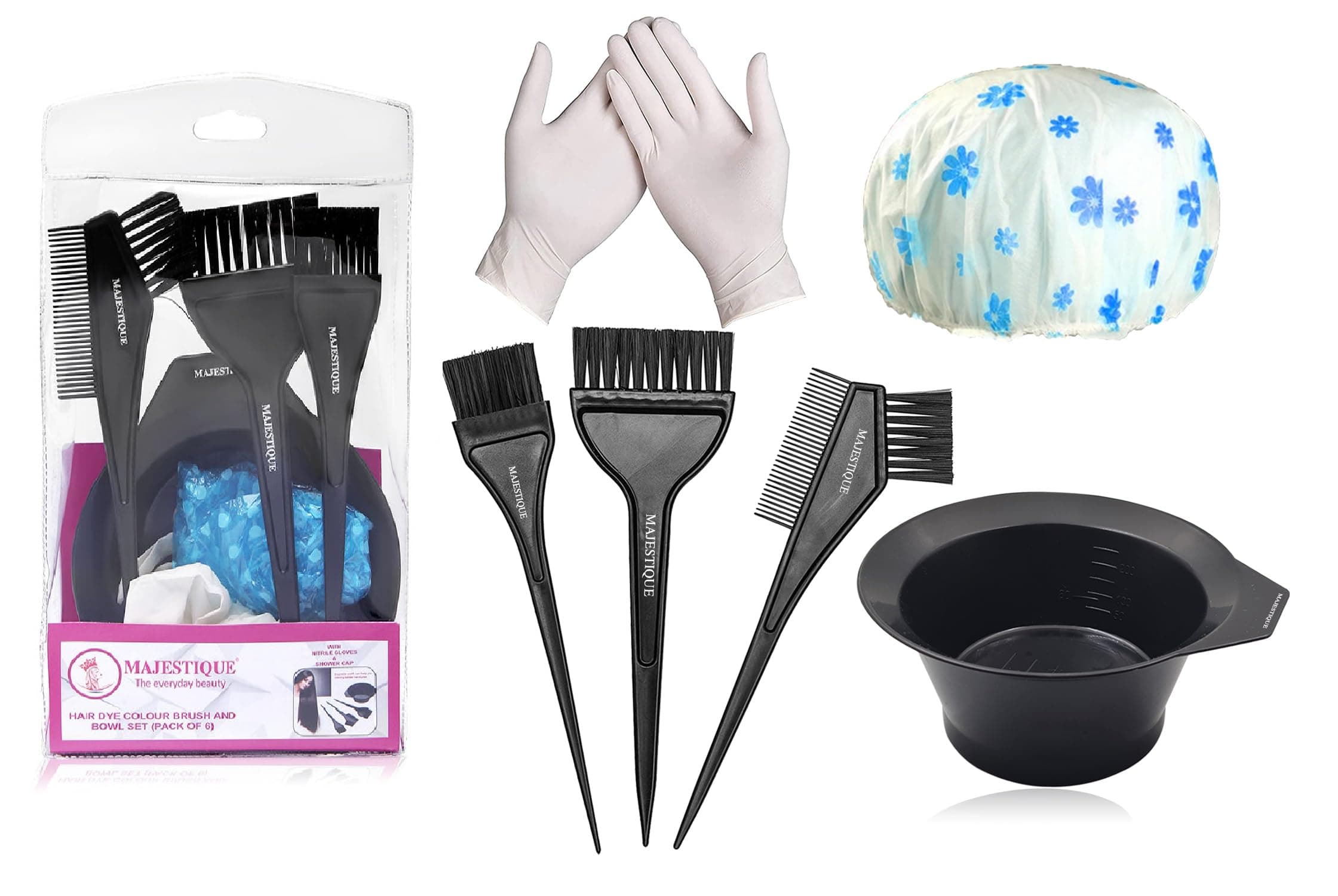 Majestique Professional Hair Coloring Kit | Hair Dye Brush & Tinting Bowl | Hair Coloring Cape & Gloves | Complete Salon Hair Dye & Bleaching Tools Set (6 Pieces)