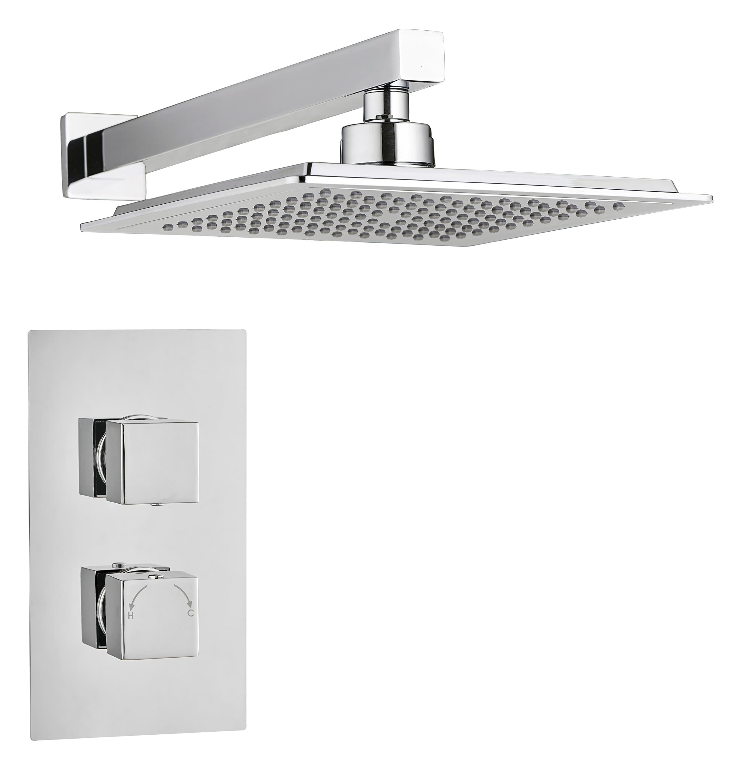Square Concealed Thermostatic Shower Mixer Valve 2 Handle Slimline Single Outlet Overhead Kit WRAS & TMV2