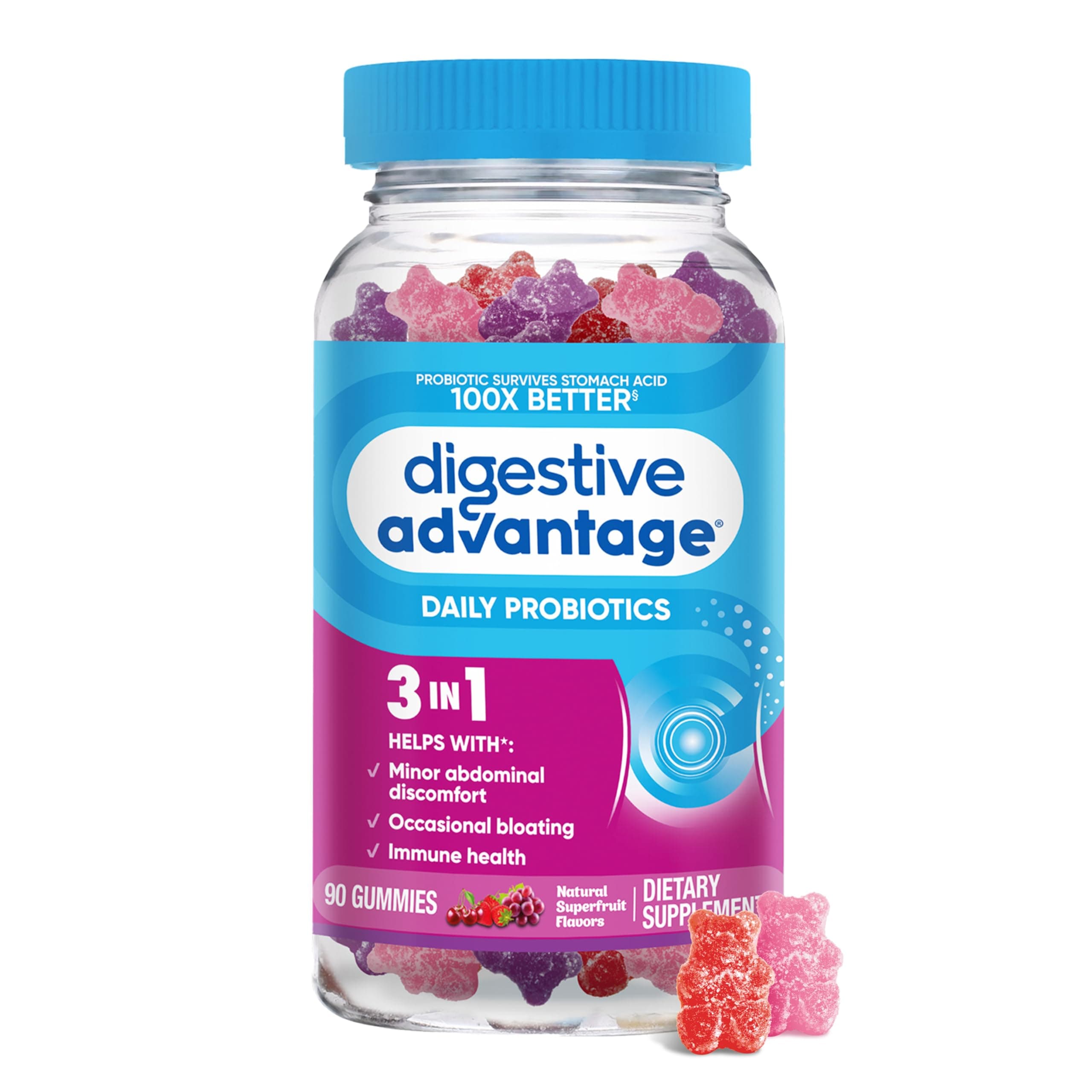 Probiotic Gummies For Digestive Health, Daily Probiotics For Women & Men, Support For Occassional Bloating, Minor Abdominal Discomfort & Gut Health, 90ct Superfruit