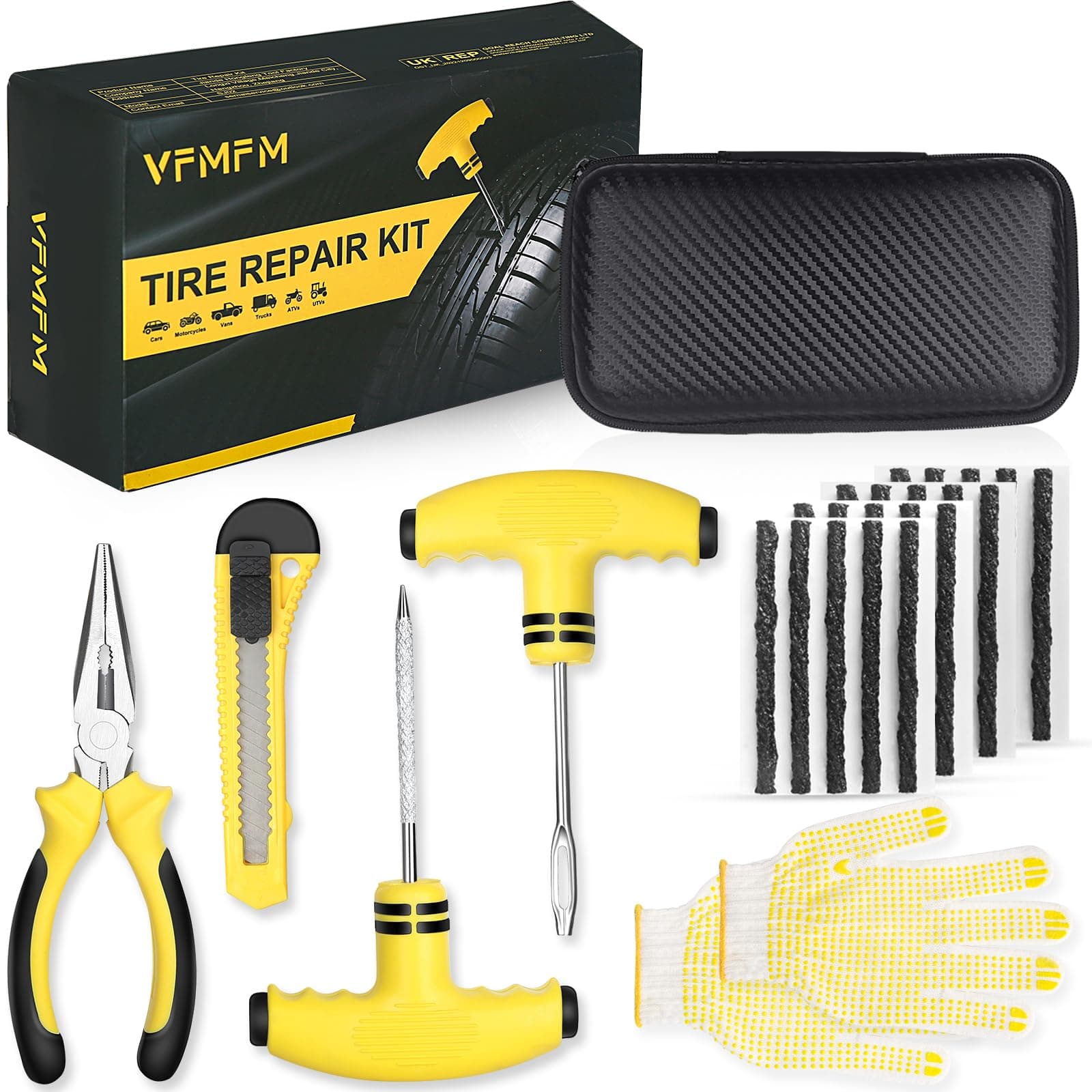 Tyre Repair Kit - Car Tyre Puncture Repair Kit - Emergency Fix Puncture for Car, Motorcycle, Truck, Van, ATV, Tractor & More - Tubeless Tyre Repair Kit with 20 Strings and Storage Case