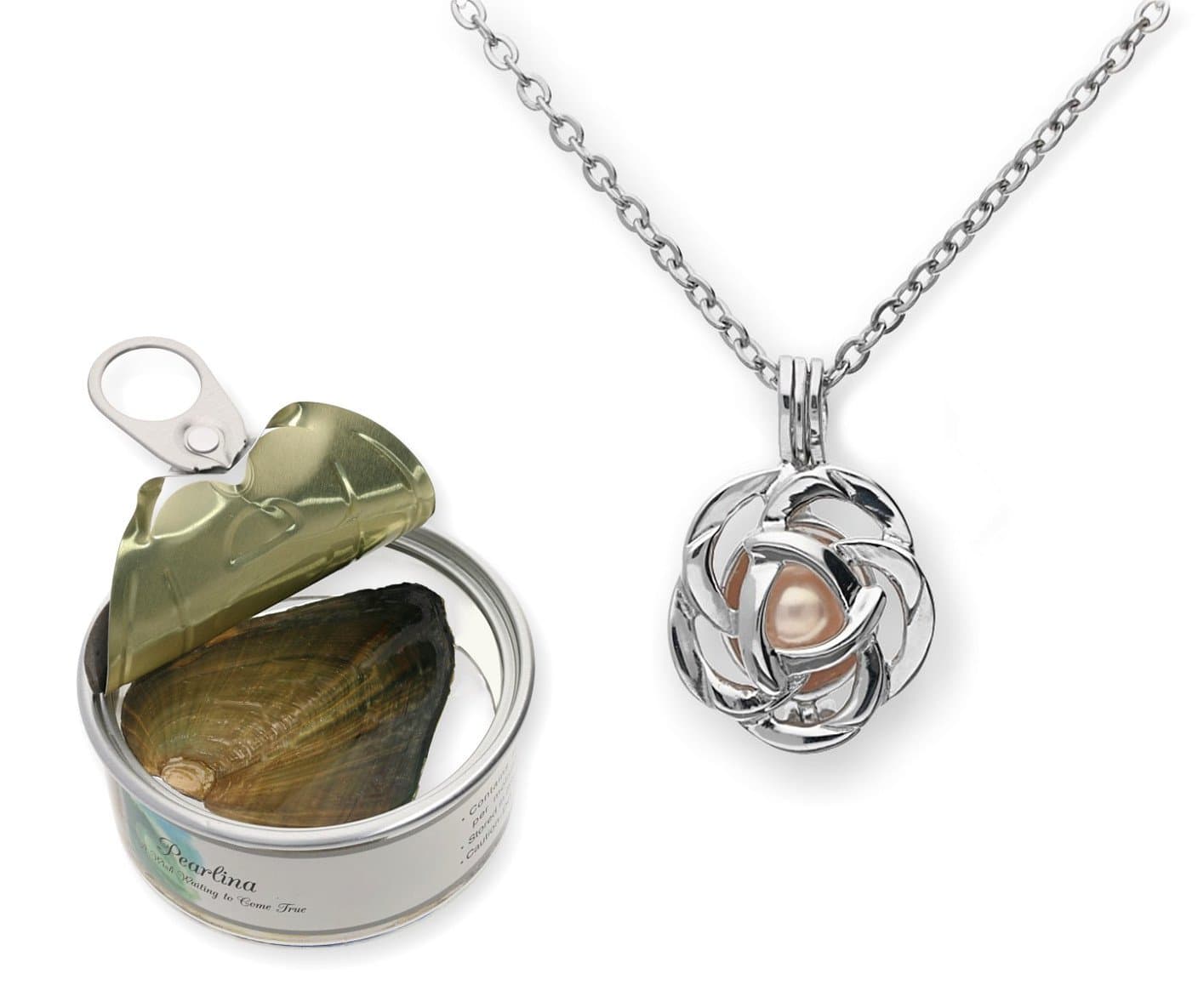 Rose Flower Cultured Pearl Oyster Necklace Set Silver Plated Pendant w/Stainless Steel Chain 18"