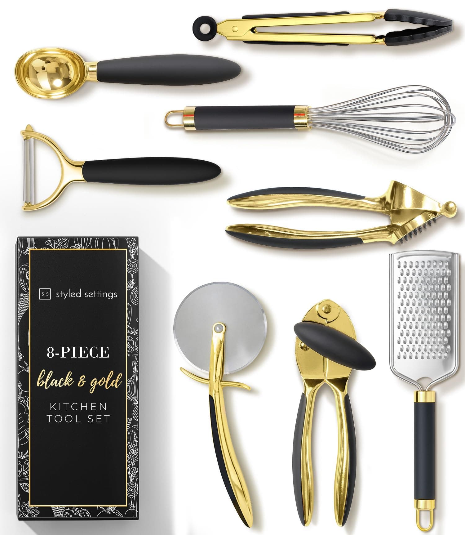 Black and Gold Kitchen Utensils - Luxe 8-Piece Gold Kitchen Tools Set with Can Opener, Pizza Cutter, Peeler, Mini Whisk, and Tongs - Stylish Accessories for Modern Cooking and Ideal for Gifting