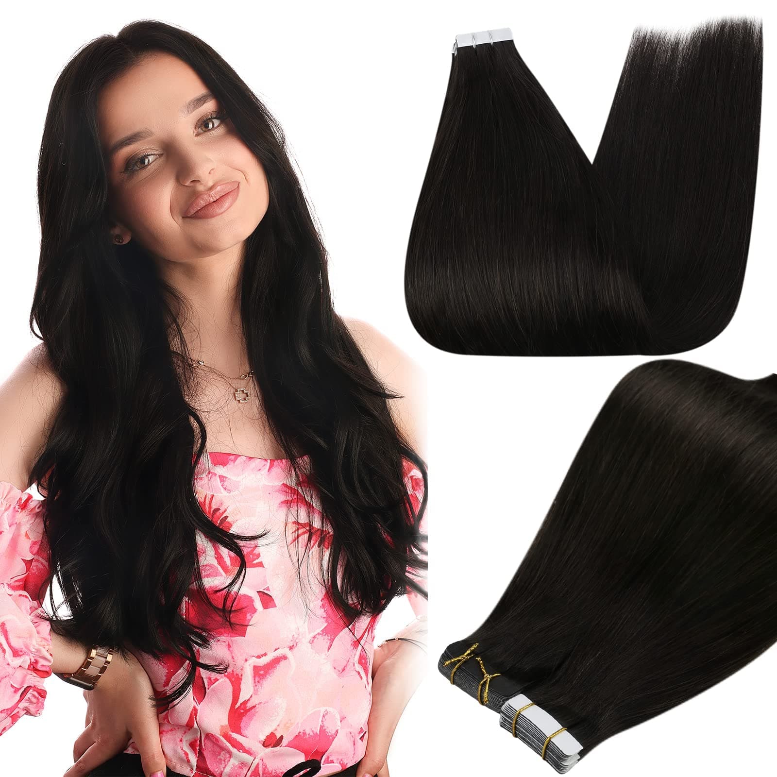 Full Shine Tape in Hair Extensions Human Hair 18Inch Seamless Skin Weft Pu Tape ins Human Hair Extensions Color 1B Off Black Hair Extension Real Human Hair 20Pcs 50G Invisible Remy Hair