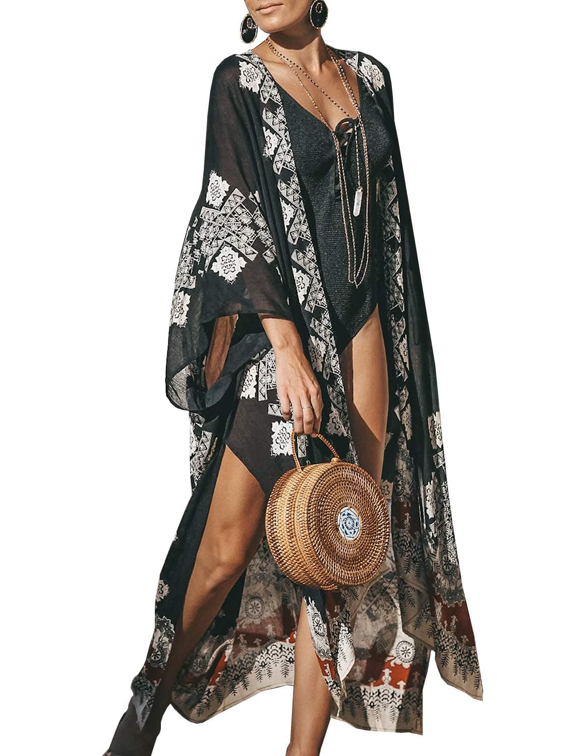 MayBuy Women's Summer Long Flowy Kimono Cardigans Boho Chiffon Floral Beach Cover Up Tops