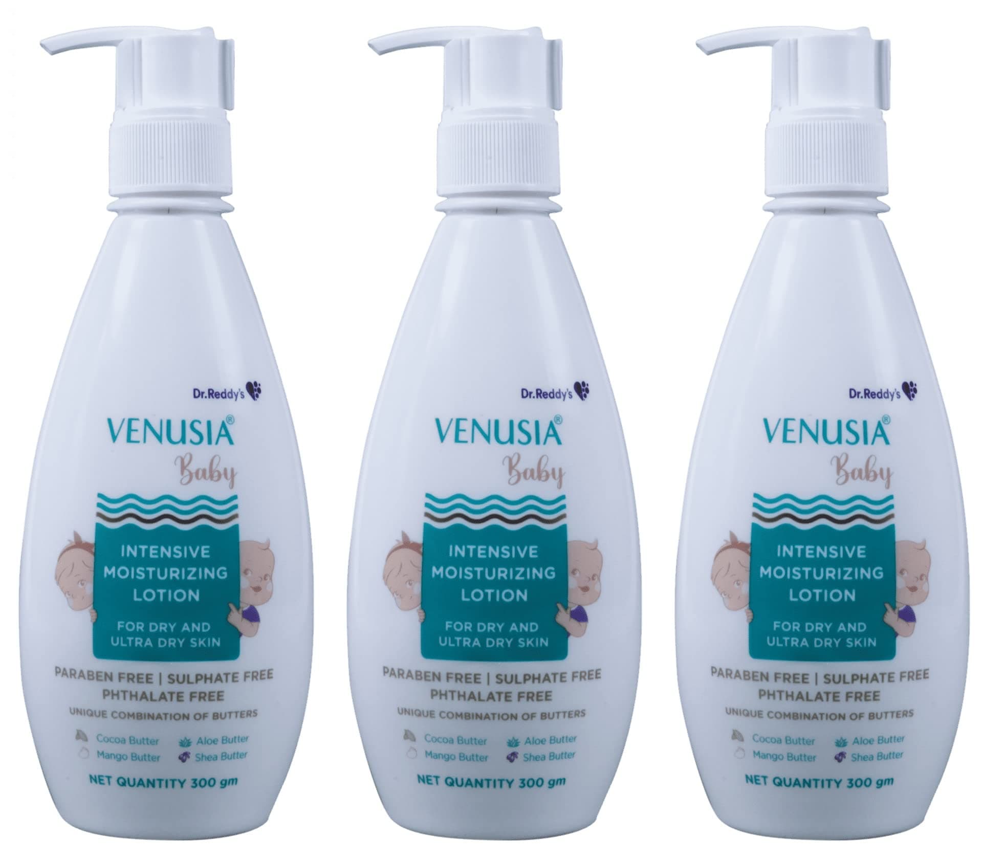 Dr Reddy's Venusia Baby Intensive Moisturizing Lotion for Dry and Ultra dry Skin Contains Cocoa, Aloe, Mango & Shea Butters, 300g (Pack of 3)