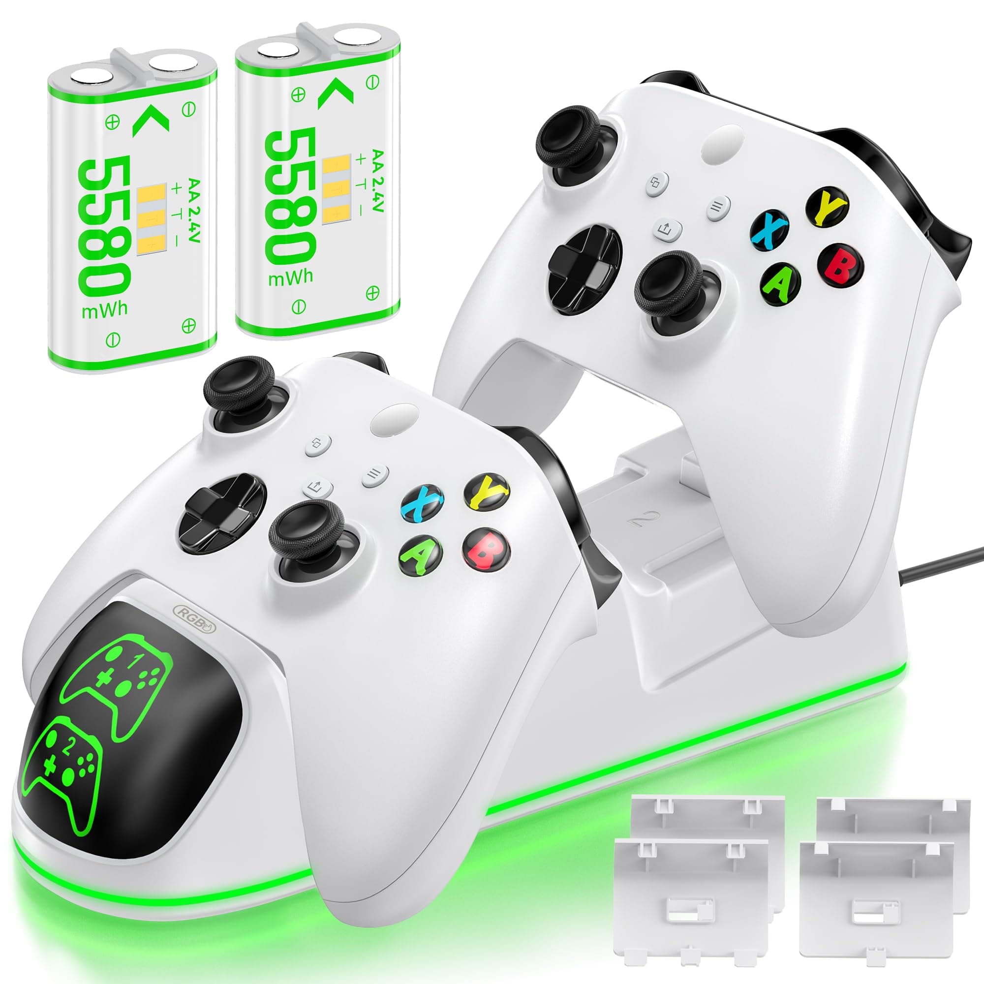 OIVO XSX Controller Charger Station with 2x5580mWh Rechargeable Battery Packs for XOX Series X/S/One/Elite/Core Controller, Charging Station for Xbx with 4 Packs Covers for Xbx One Console, White