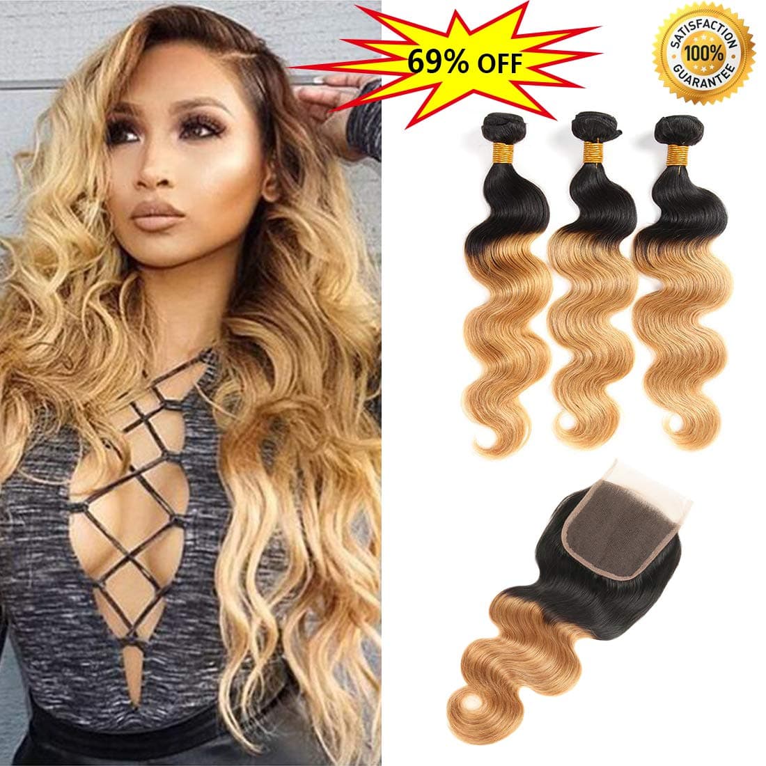 Brazilian Virgin Hair 3 Bundles with Closure Two Tone Ombre Hair T1B/27 Brazilian Body Wave 8A 100% Unprocessed Human Hair bundles With Lace Closure Natural Black Color to Blonde (24 26 26 +20)