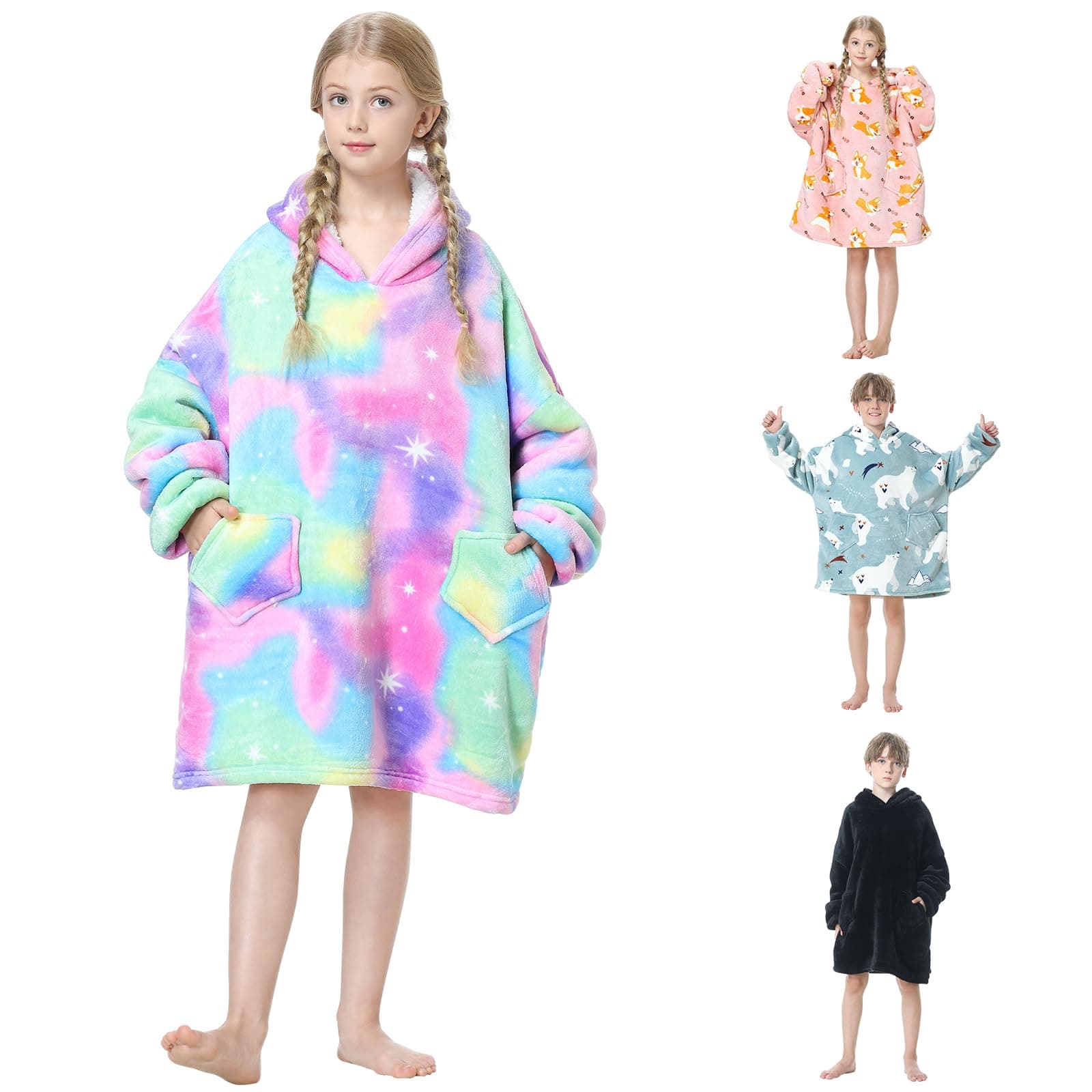 Oversized Blanket Hoodie Kids, Wearable Extra Long Blanket for Girls Boys, Super Soft Warm Sweatshirt With Pocket for Children Teens, Long Sleeves, Cute, Flannel