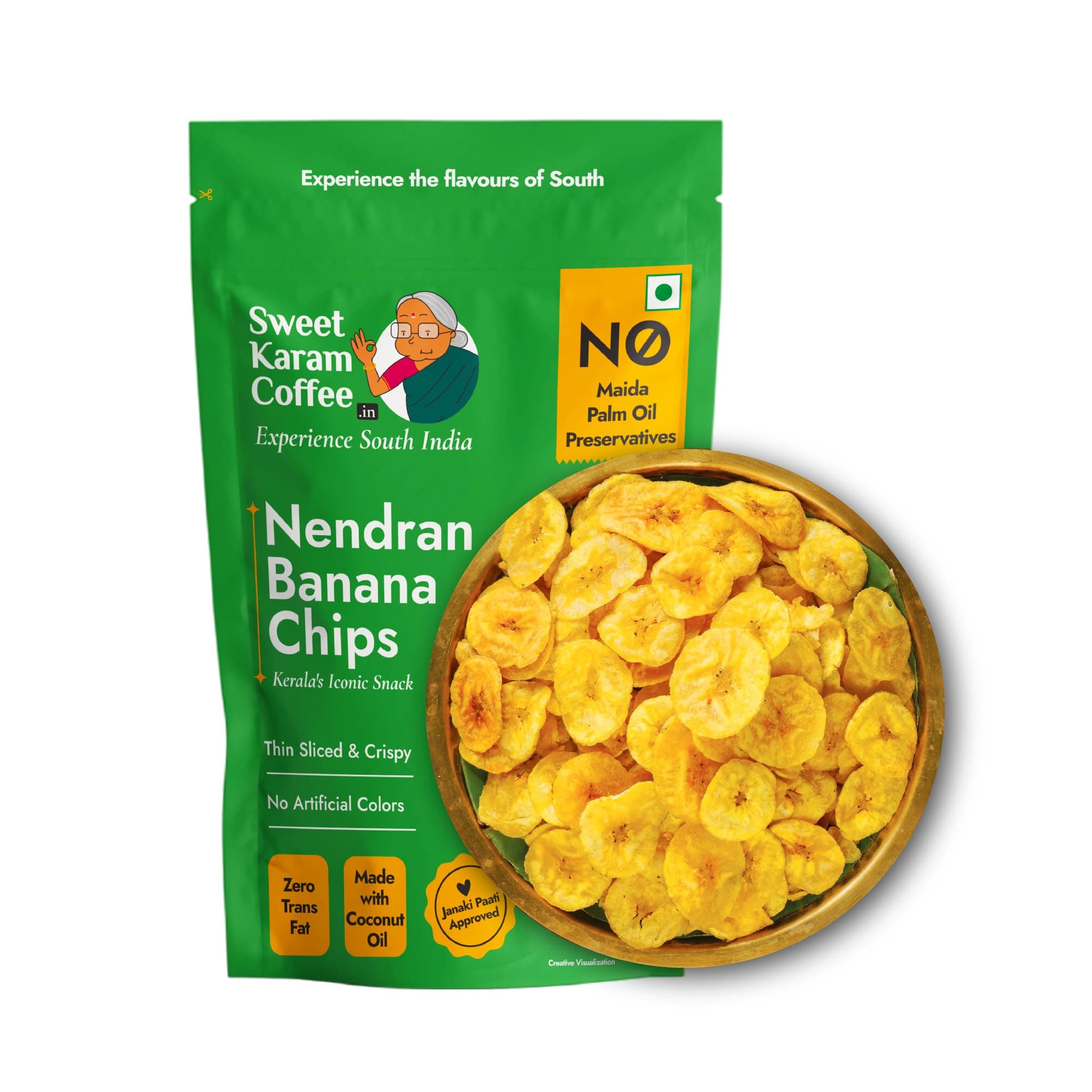 Sweet Karam Coffee Nendran Banana Chips – 200 grams | Made with 100% Coconut Oil | No Preservatives | Kerala Special Crispy, Thin Sliced Yellow Plantain Wafers | Healthy Tea Time Snack