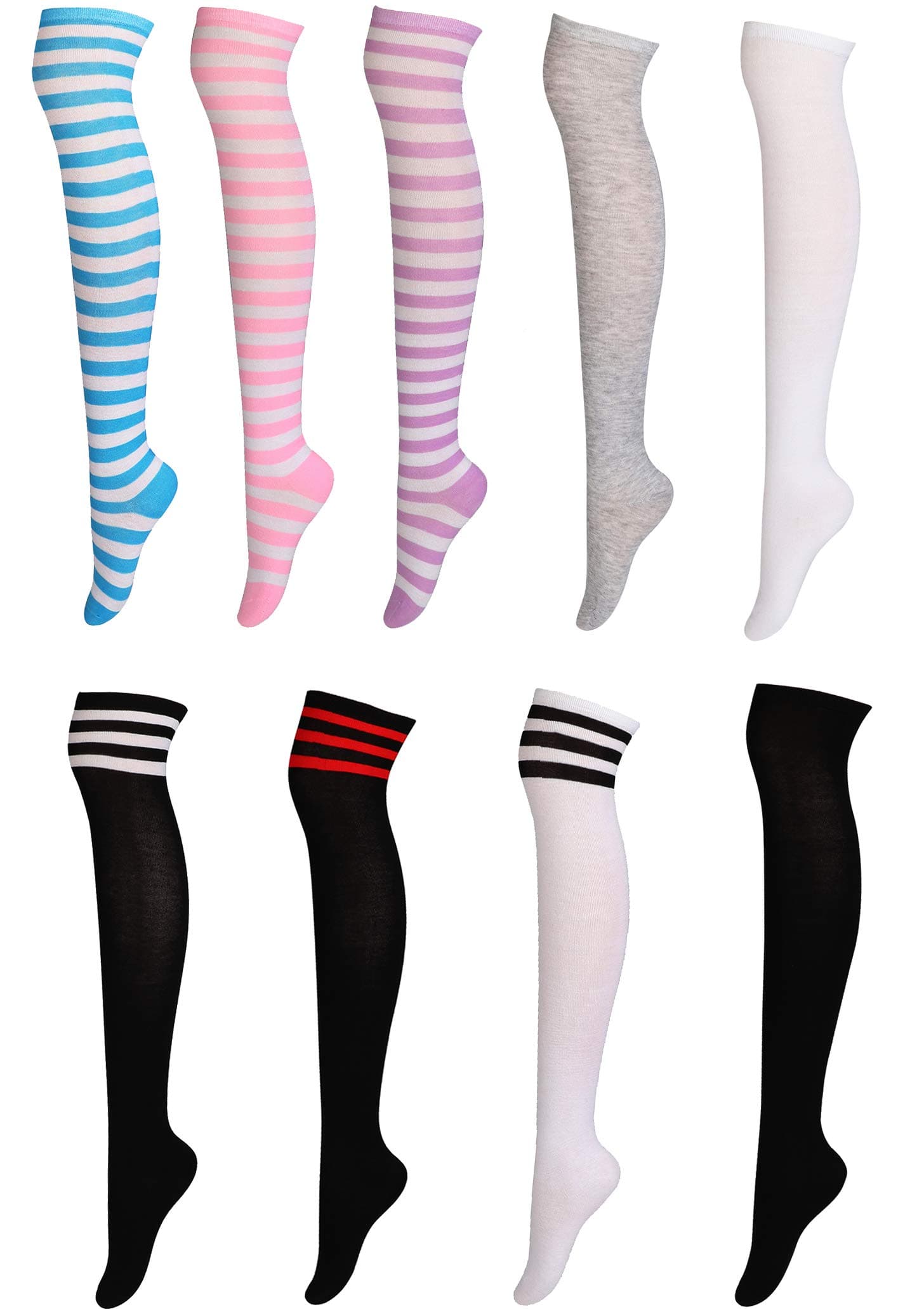 FIBO STEEL 9 Pairs Long Thigh High Socks for Women Cotton Leg Warmers Over The Knee Striped Stockings