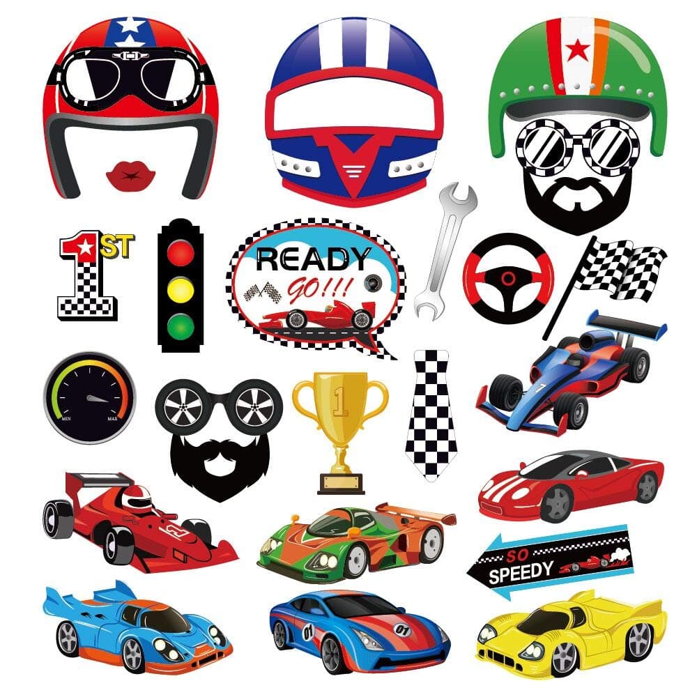 Race Car Photo Booth Props with Stick,Go Speed Selfie Props,Traffic First Birthday Party Supplies,Race Car Decor Theme Backdrop Decorations(25pcs)