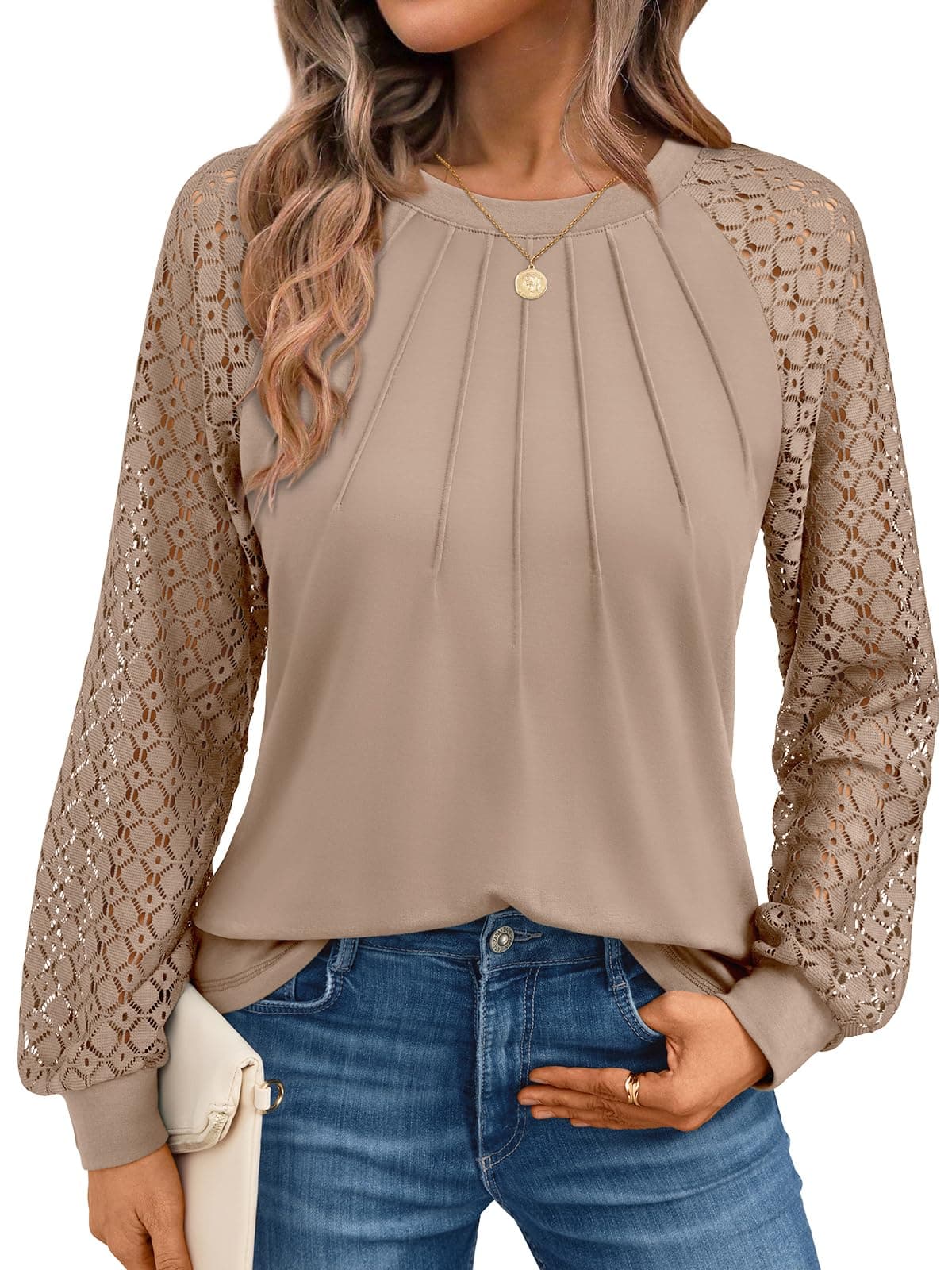 Womens Long Sleeve Shirts Pleated Lace Tops Fall Fashion Outfits Business Casual Blouses