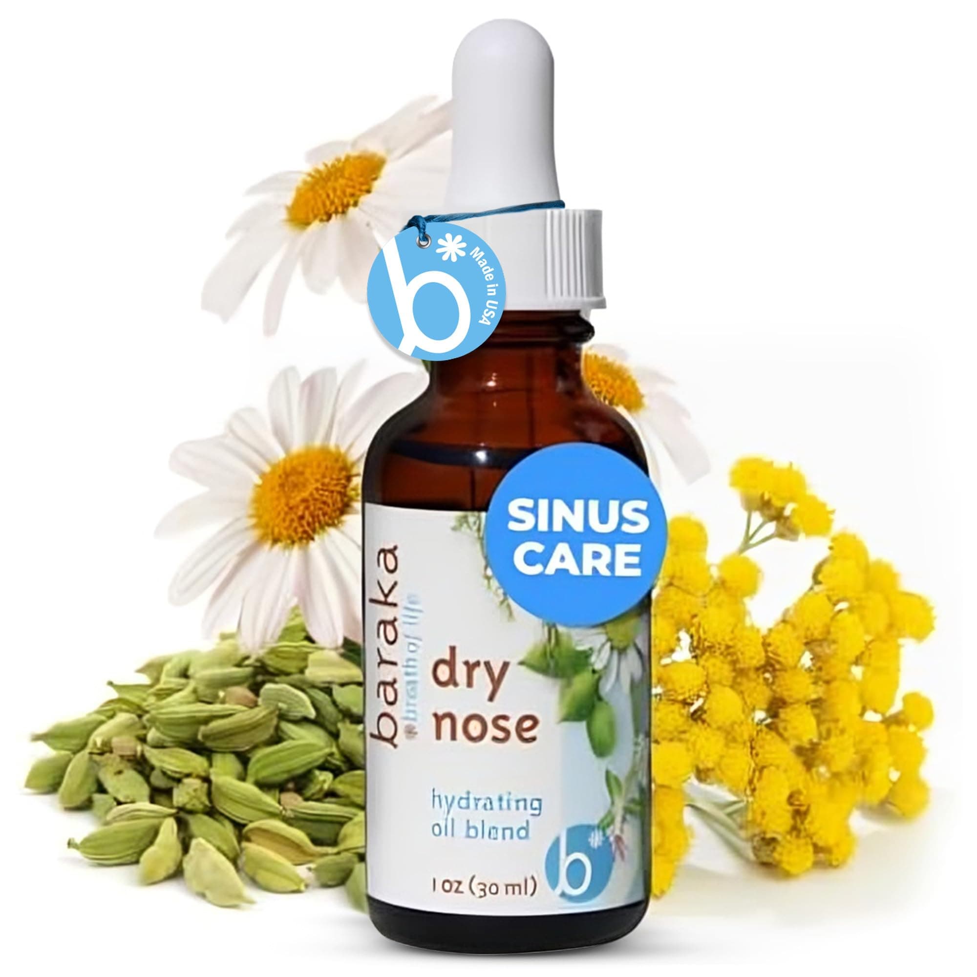 Baraka Dry Nose Nasal Oil – Hydrating Nose Moisturizer for Dry Nasal Passages, Organic Essential Oils (Cardamom, Everlast, German & Roman Chamomile) in Sesame Oil Base, 1-Pack (1-oz Dropper Bottle)