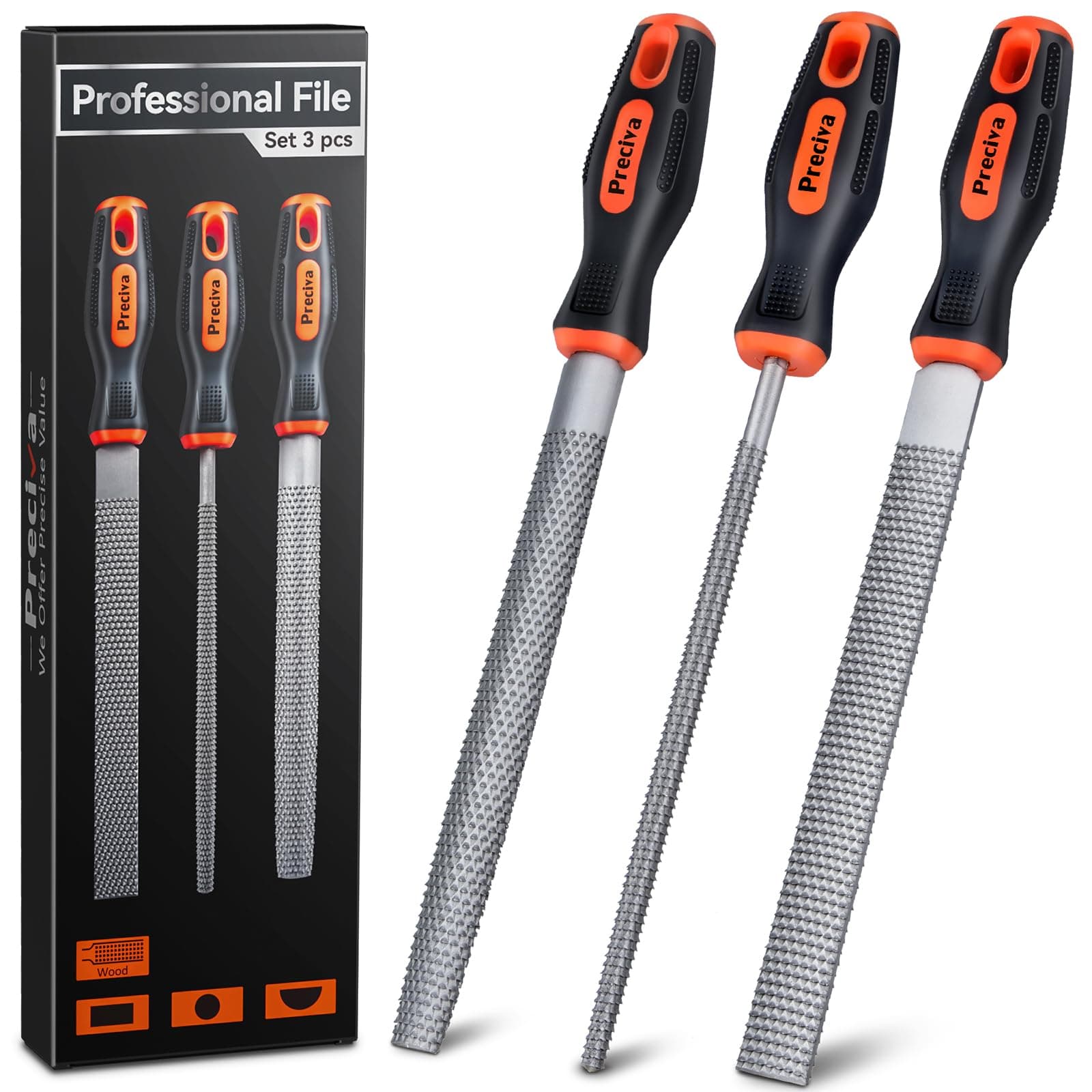 Preciva 3PCS Files Set, Wood Rasps High Carbon Steel File Set includes Flat File, Round File & Half Round File Used for Wood Manual Cutting and Polishing