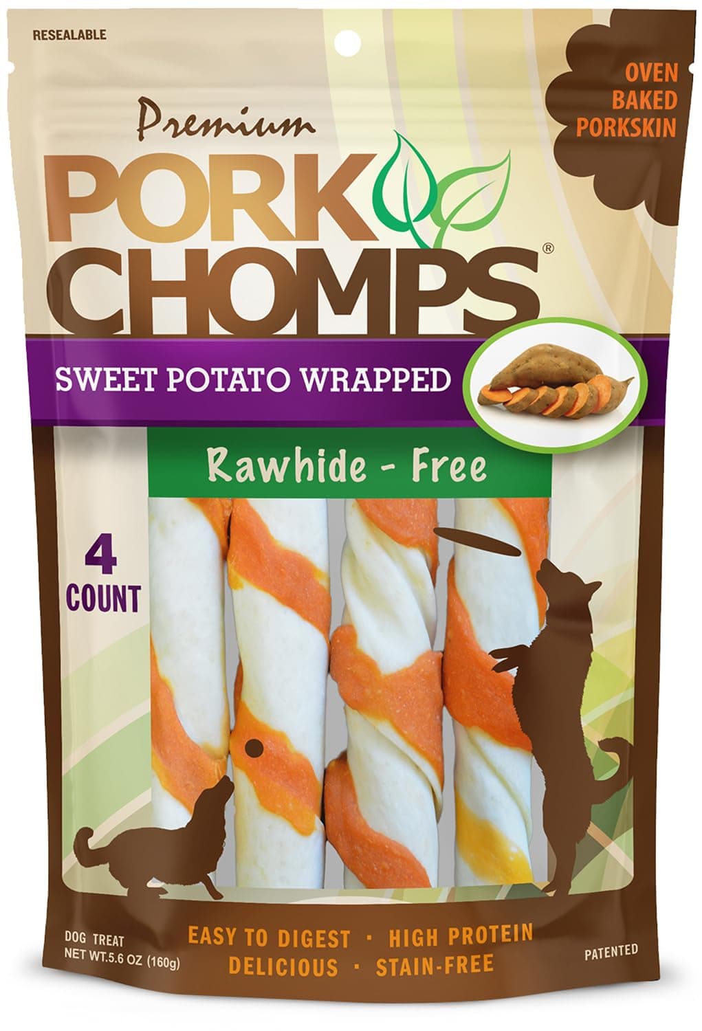 Pork Chomps Baked Pork Skin Dog Chews, 6 Inch Twists, 4 Count - Sweet Potato Wrap - Long-Lasting Treats for Dogs - High Protein, Rawhide-Free, Low Fat, Healthy & Delicious Chews