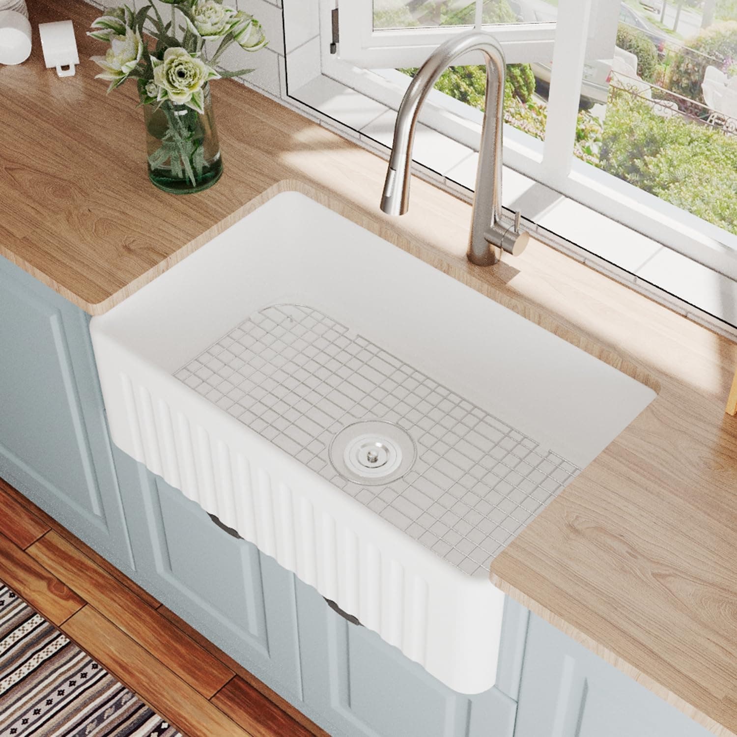 DeerValley Farmhouse Sink 30"x18", 10 inch Deep White Kitchen Sinks, Fireclay Single Bowl Apron Front Lavabos de Cocina with Accessories