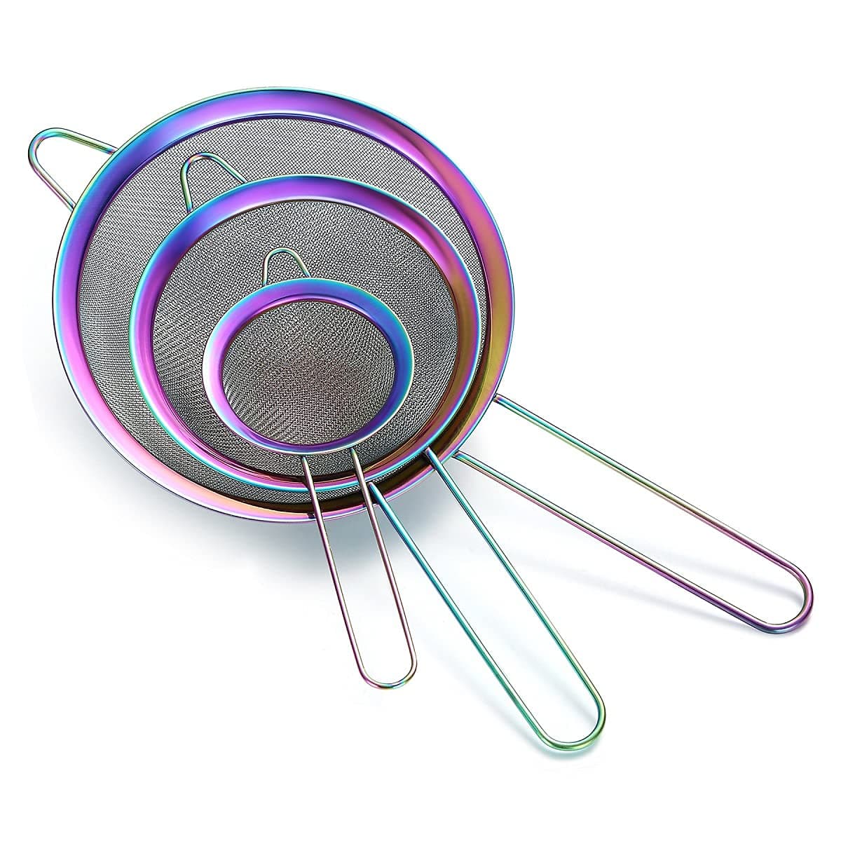 HOMQUEN Rainbow Fine Mesh Strainer Set of 3 Colorful Flour Sifter for Baking Stainless Steel Crander Multicolor Matcha Strainer Gravy Separator Stasher Sieve Pasta Strainer
