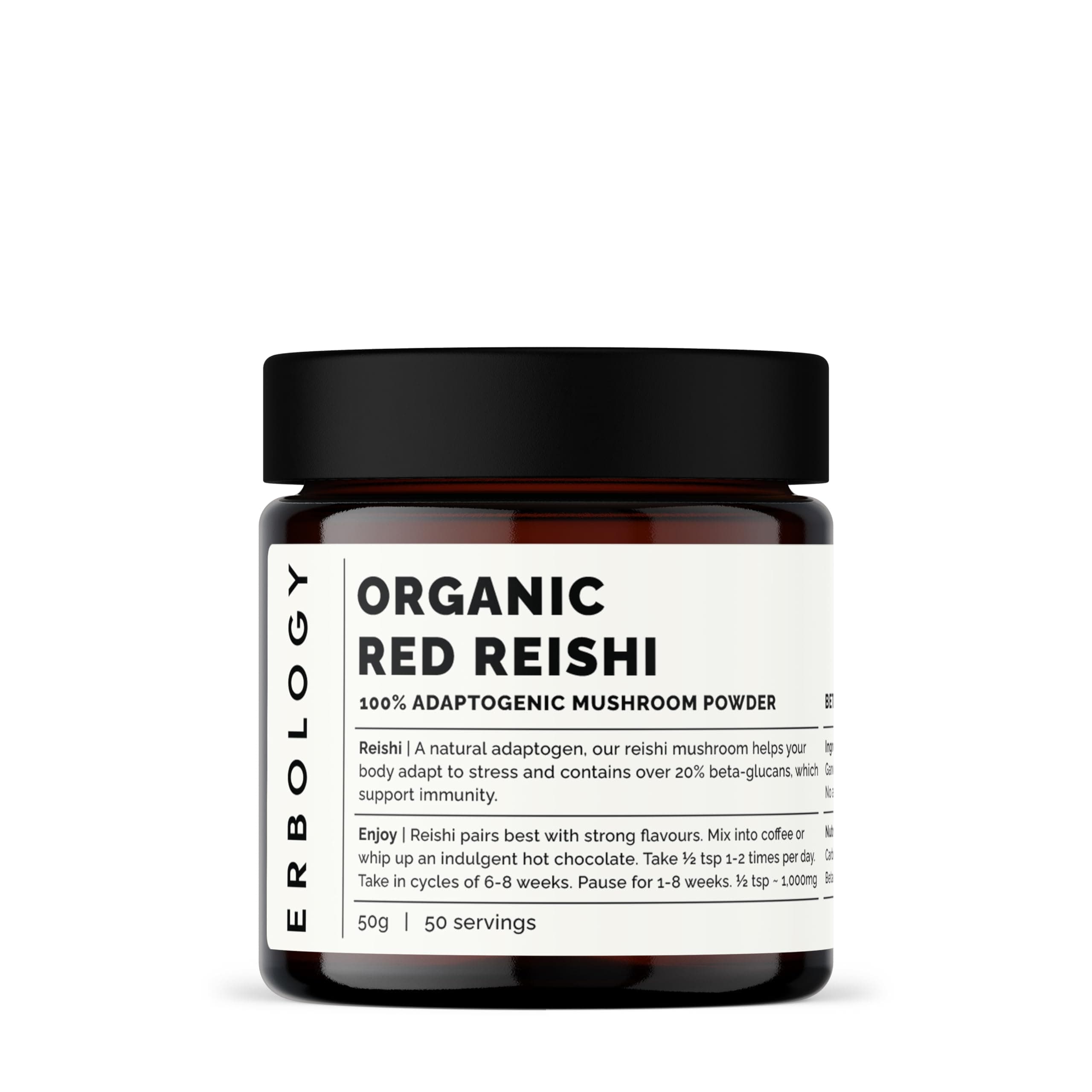 Erbology Organic Reishi Mushroom Powder 50 Servings - 21% Beta-glucans - Immunity Support - Ganoderma Lucidum - Small Batch - Sustainably Grown in Europe - Vegan - Non-GMO - No Added Fillers