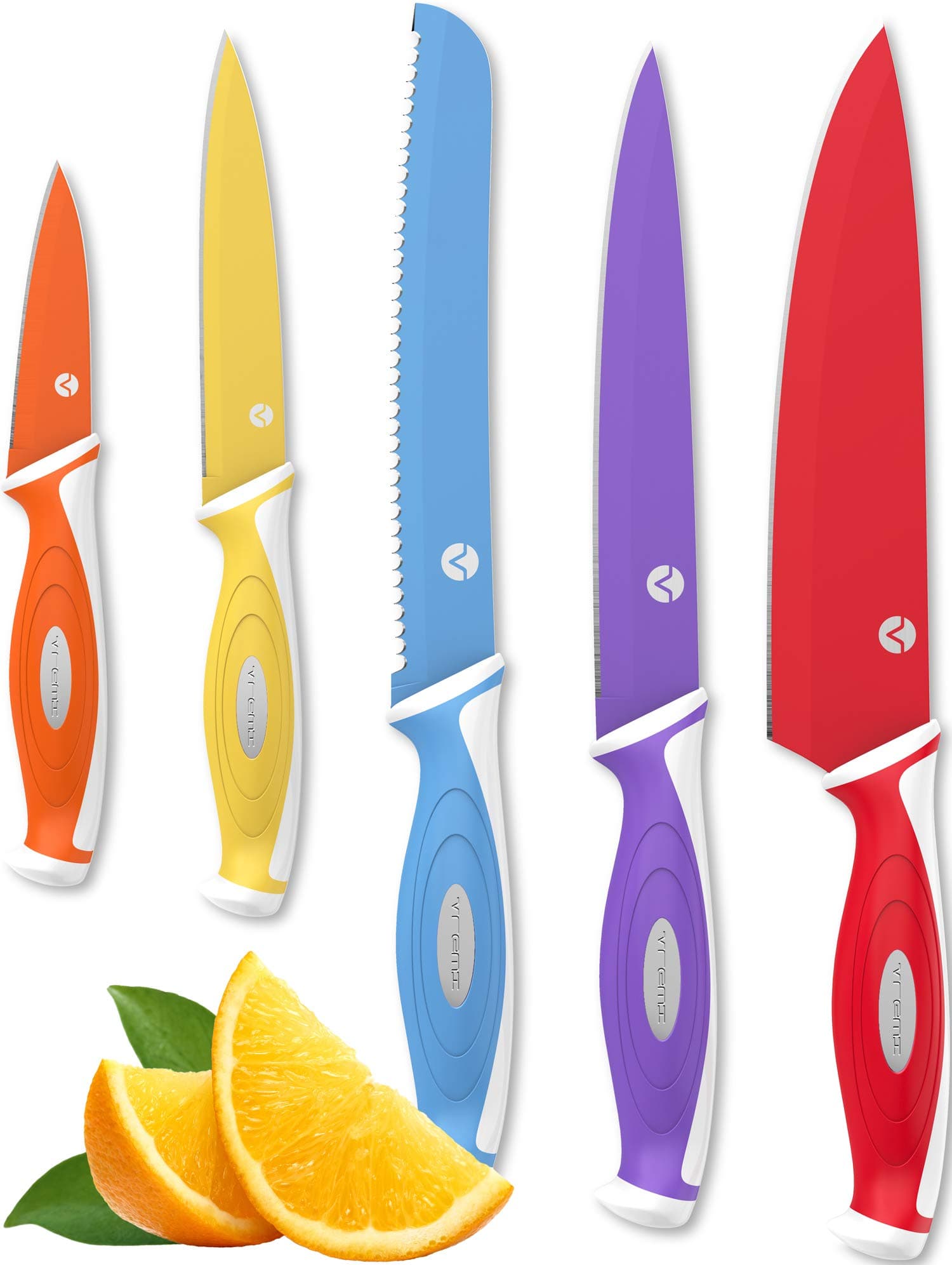 Vremi 10 Piece Colorful Knife Set - 5 Kitchen Knives with 5 Knife Sheath Covers - Chef Knife Sets with Carving Serrated Utility Chef's and Paring Knives - Magnetic Knife Set with Matching Color Case