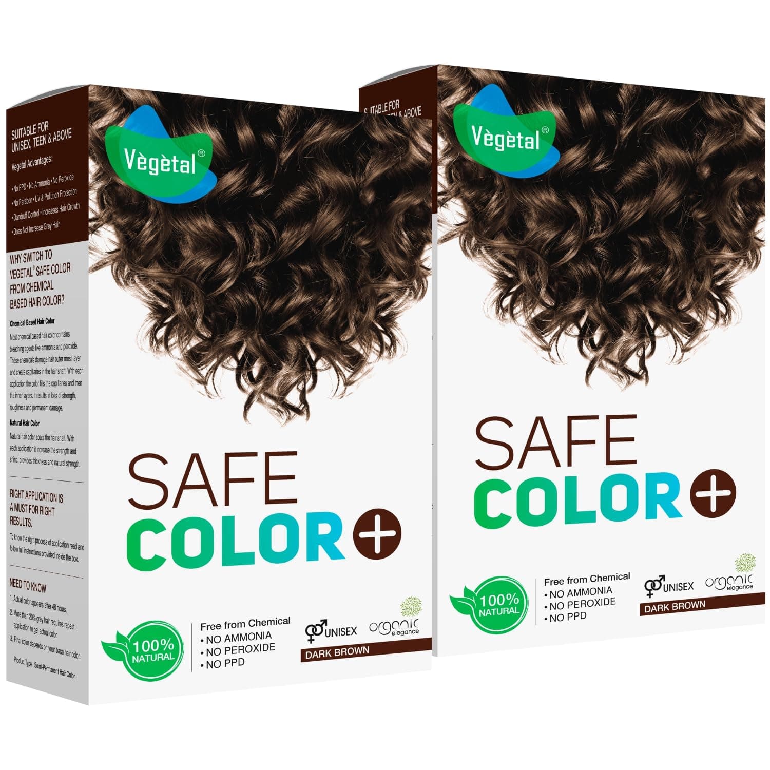Vegetal Safe Hair Color - Dark Brown 100gm (Pack of 2) - Certified Organic Chemical and Allergy Free Bio Natural Hair Color with No Ammonia Formula for Men & Women