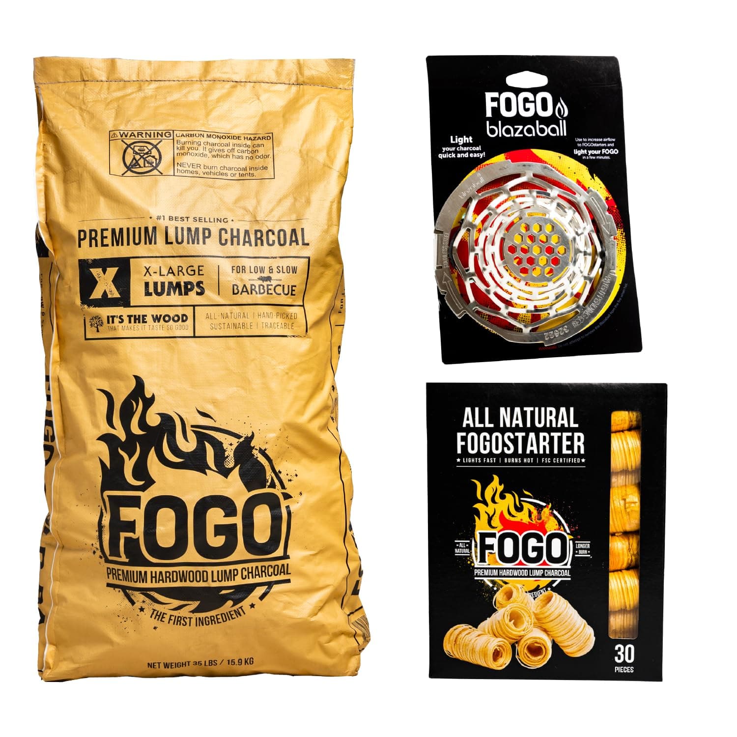 FOGO Premium Hardwood Natural Large Sized Lump Charcoal 35 Pound Bag, Fogostarters Natural Fire Starters and Blazaball Bundle