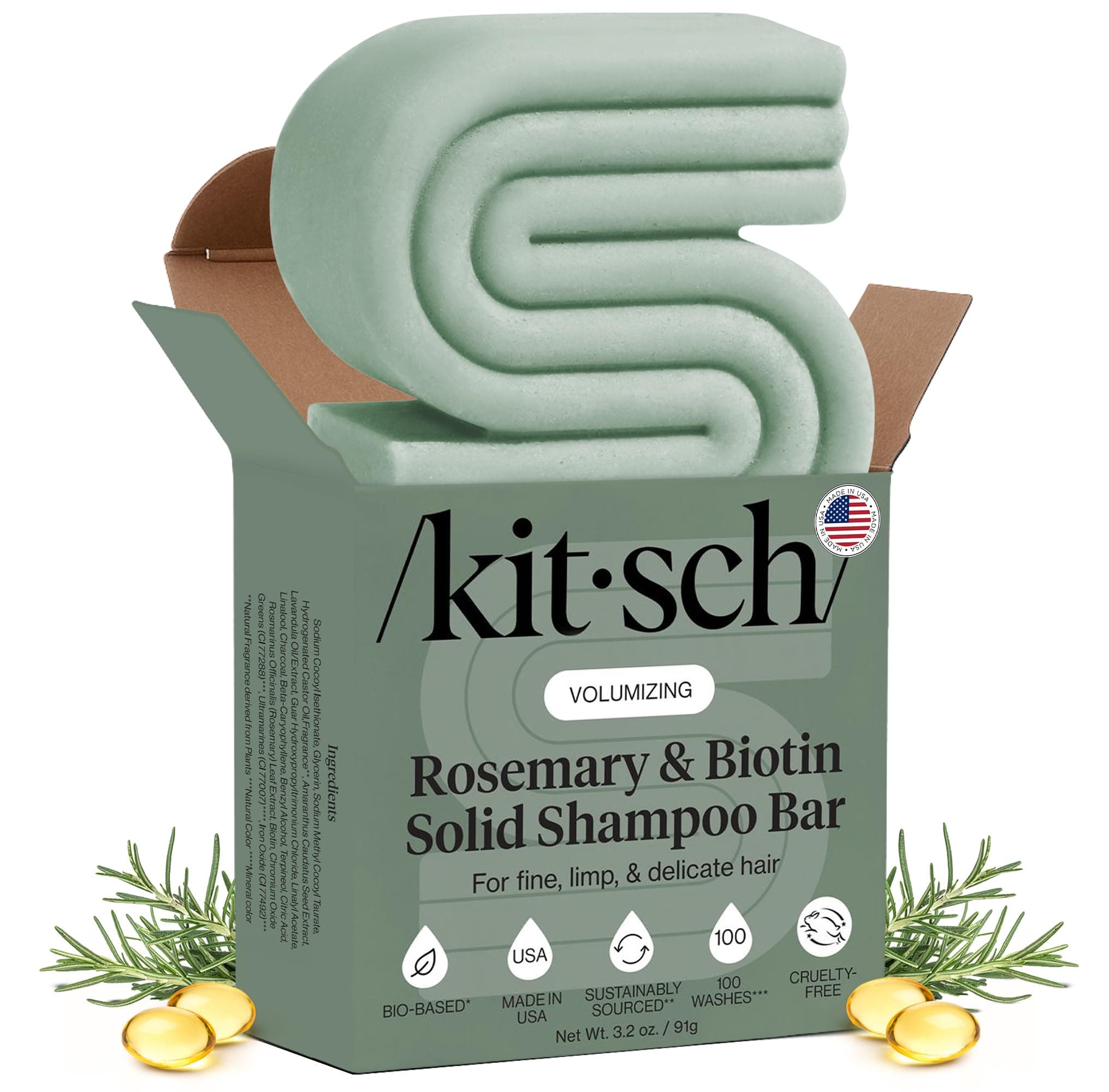 Kitsch Rosemary & Biotin Shampoo Bar - For Hair Growth, Strengthening, Thickening & Volumizing Shampoo for Women and Men - Free of Parabens, Sulfates & Silicones - 3.2 oz