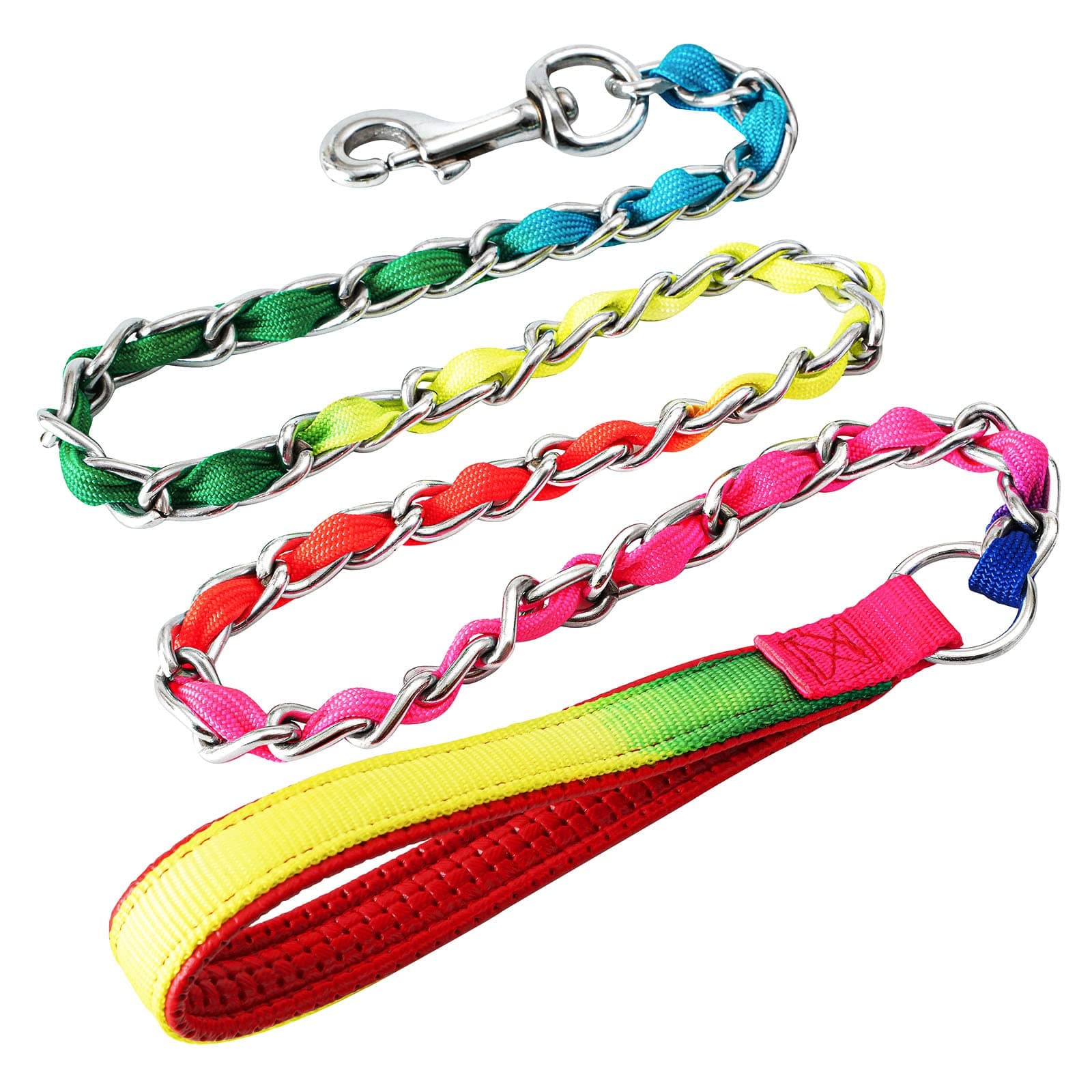 Chew Proof Dog Leash Large Dogs, Heavy Duty Chain Leash for Large Breed Dogs, Metal Dog Leash with Padded Handle, Dog Metal Tactical Leash for Medium & Large Dogs Rainbow