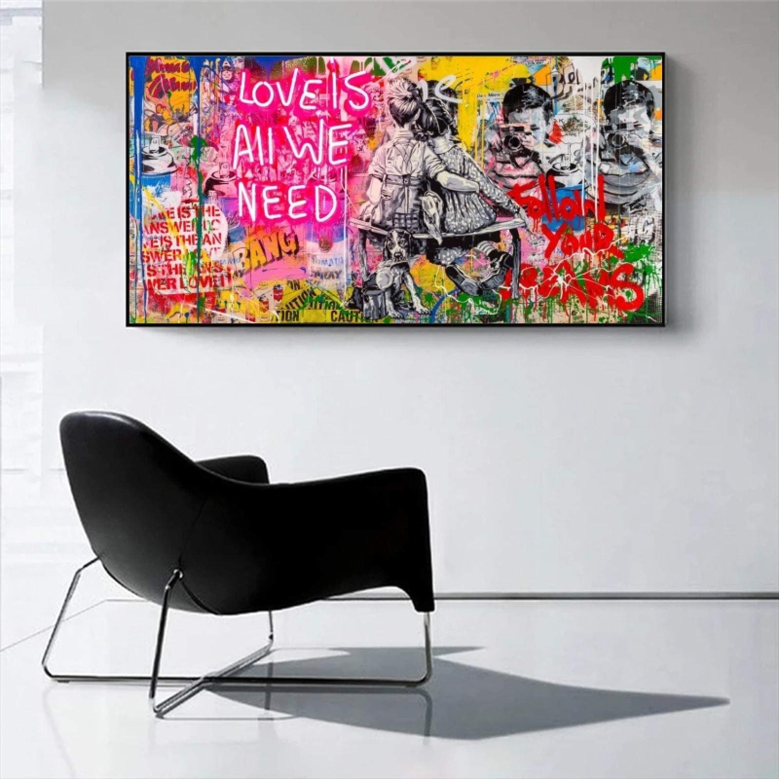 Banksy Graffiti Street Art Love Is All We Need Canvas Paintings Wall Follow Your Dream Pictures for Home Frame Decoration 70x140cm(28x55in) With Frame