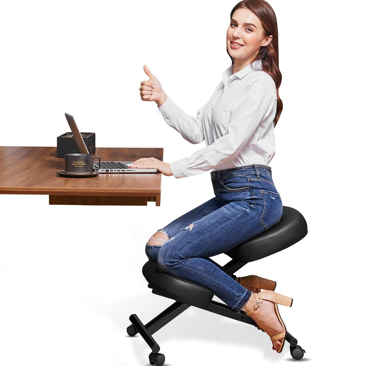Himimi Ergonomic Kneeling Chair for Office - Faux Leather - Thick Comfortable Moulded Foam Cushions - Brake Casters, Adjustable Stool for Home & Office