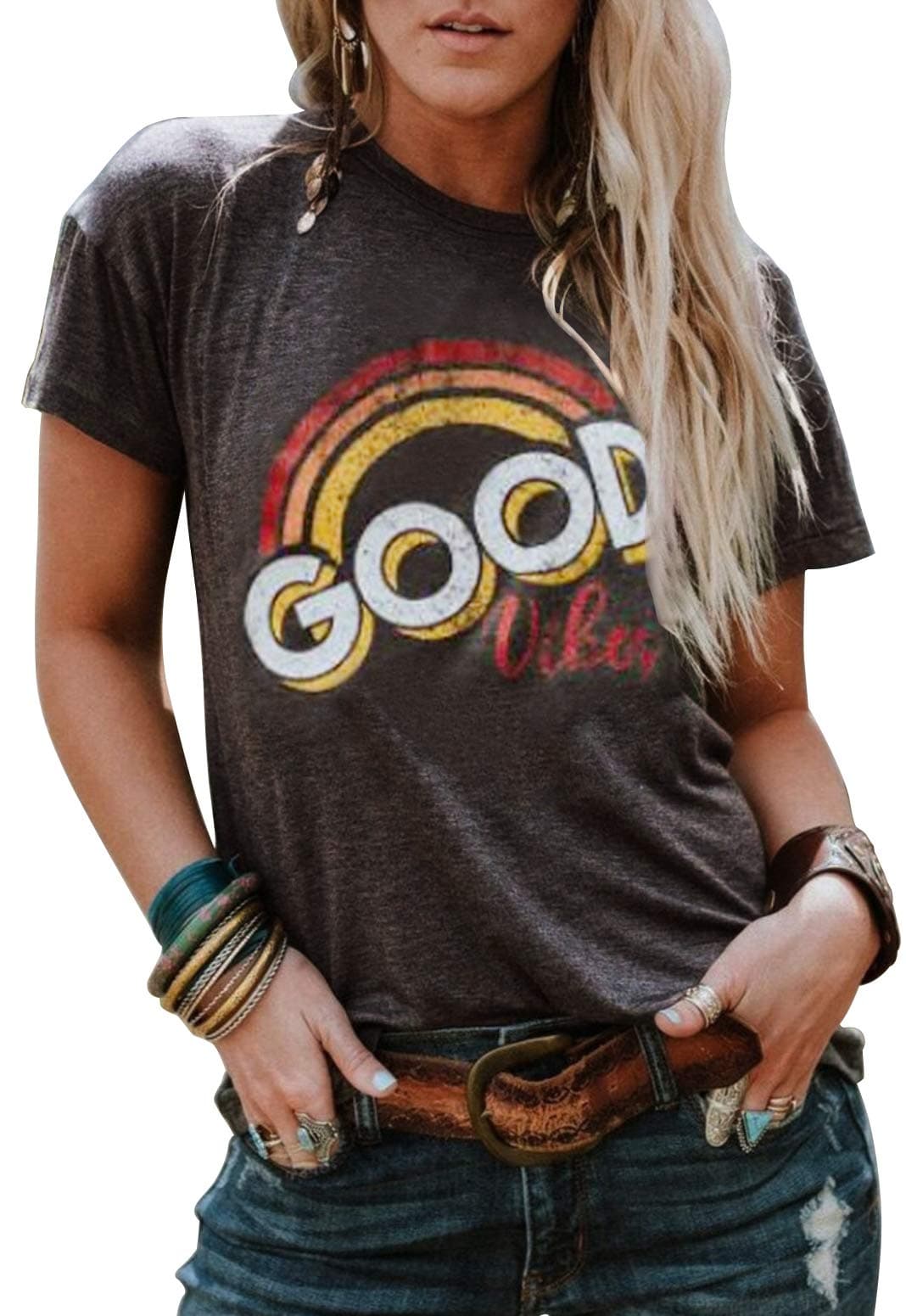 Good Vibe Rainbow T-Shirt Costume Women's Vintage Casual Graphic Blouse Top Tee