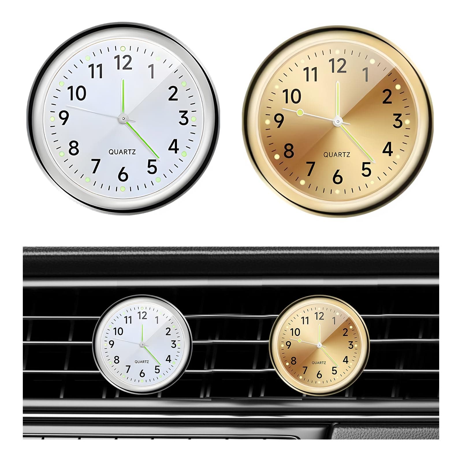 2 PCS Stick on Dashboard Car Clock, Mini Tiny Analog Quartz Luminous Air Vent Clocks, Self Adhesive Automotive Vent Clocks Watch, Vehicle Clock for Dashboard Decoration (Golden+White)