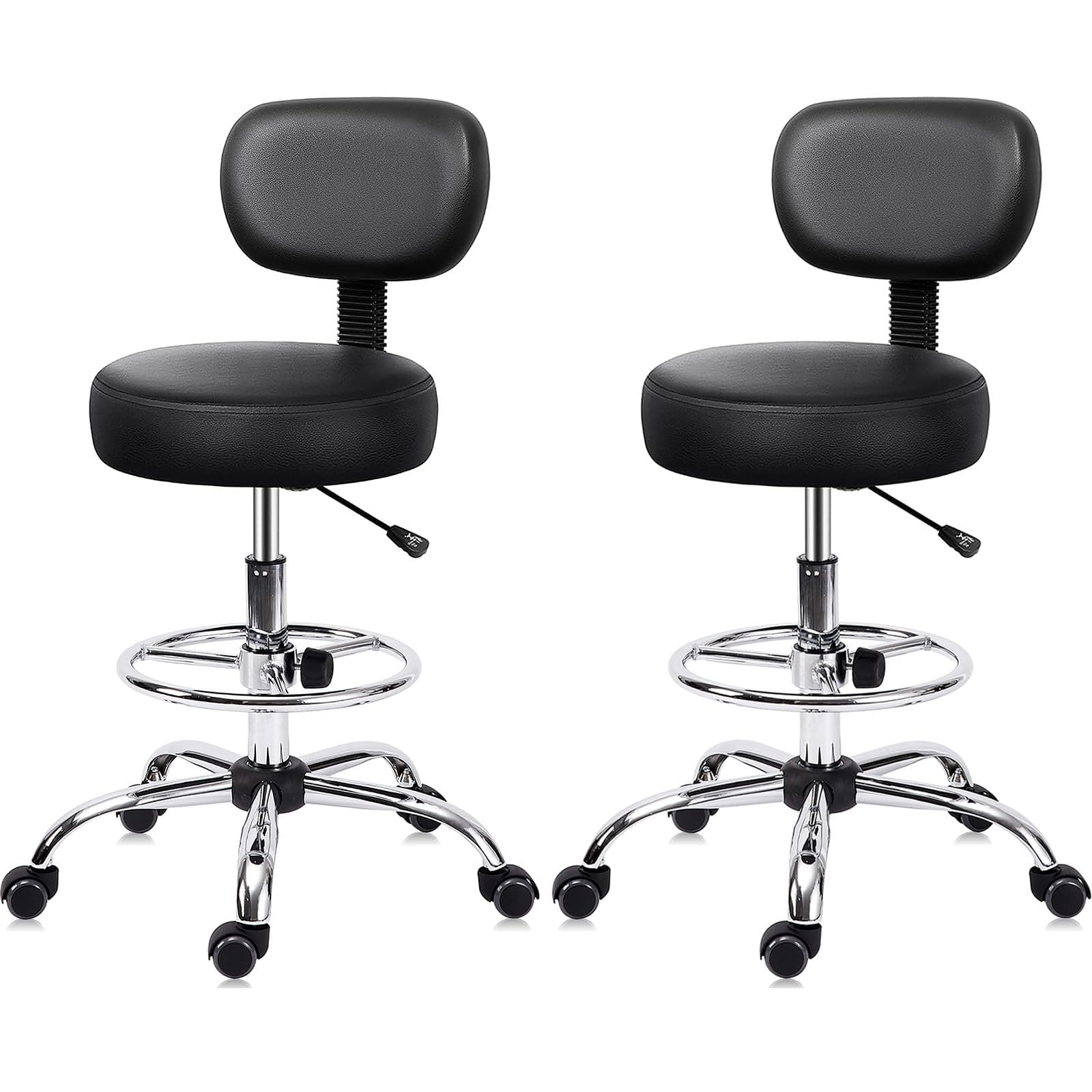 Drafting Swivel Chair with Back Support and Adjustable Footrest Rolling Stool, Multi-Purpose Office Desk Chair for Bar Kitchen Shop, Black