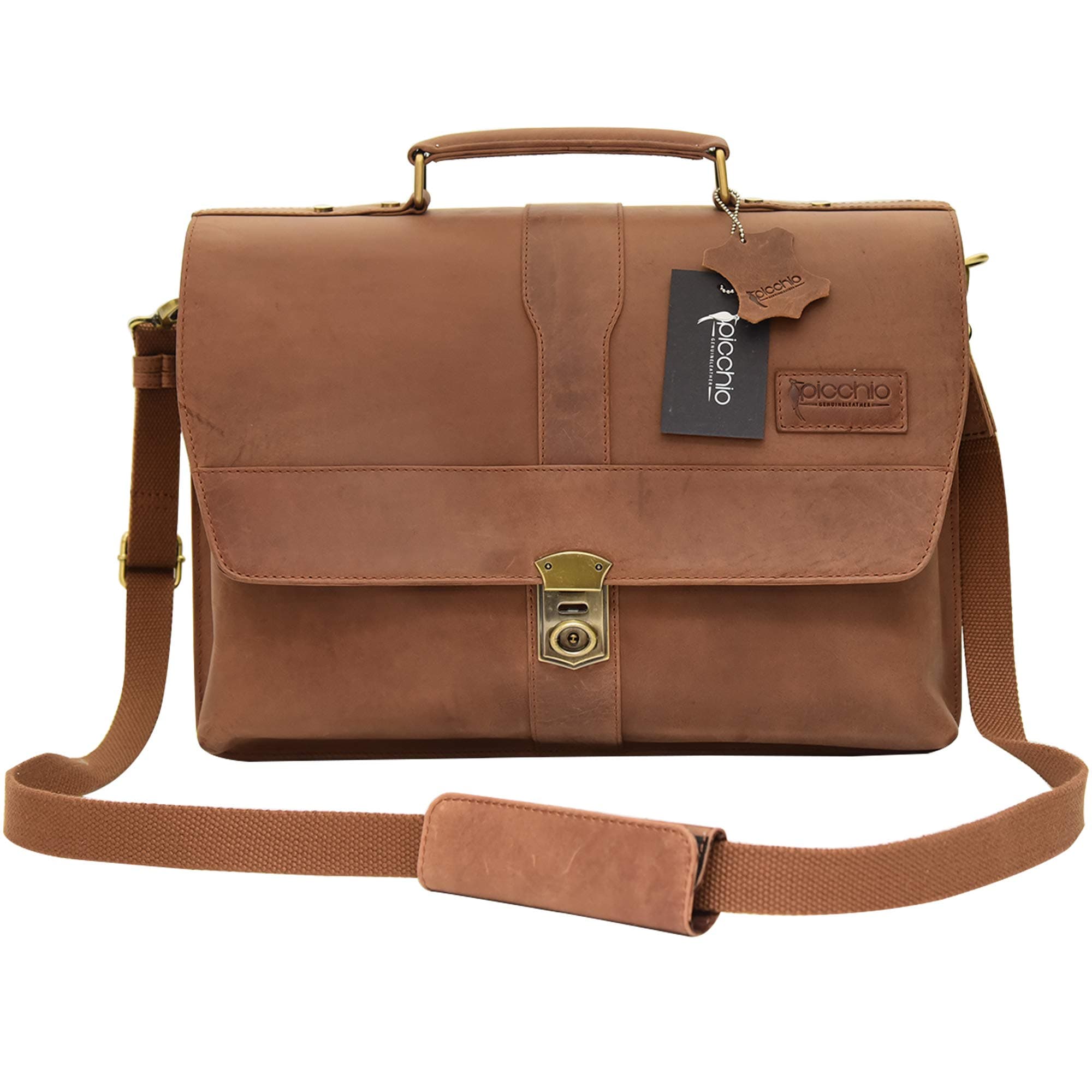 Picchio Men's Genuine Delta Brown Leather Satchel Bag, Messenger Shoulder Bag