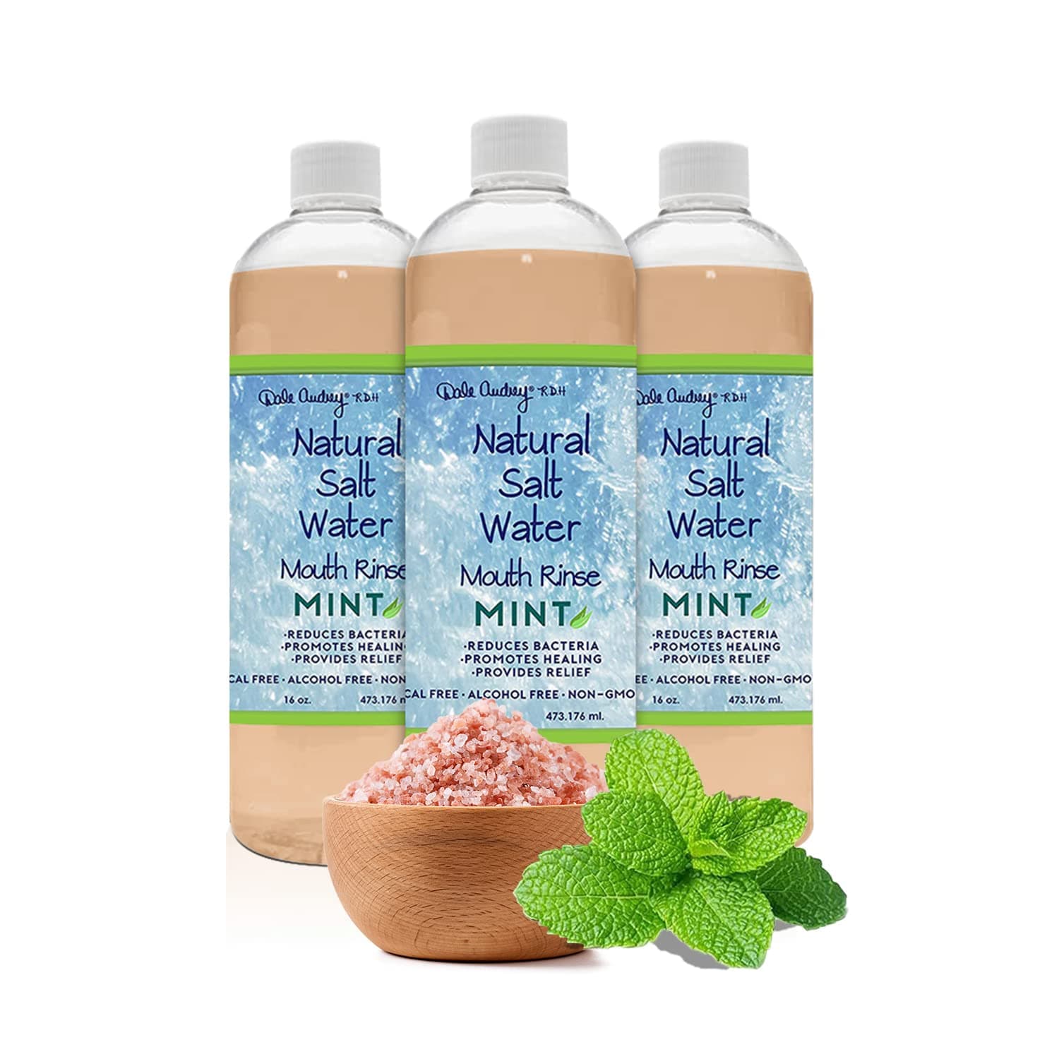 3 Pack Natural Saltwater Mouth Rinse | Himalayan Pink Salt Water Oral Rinse | Organic Refreshing Mint Flavor Fluoride & Alcohol Free Mouthwash for Fresh Breath | Natural Gum Care Mouthwash-16 FL Oz
