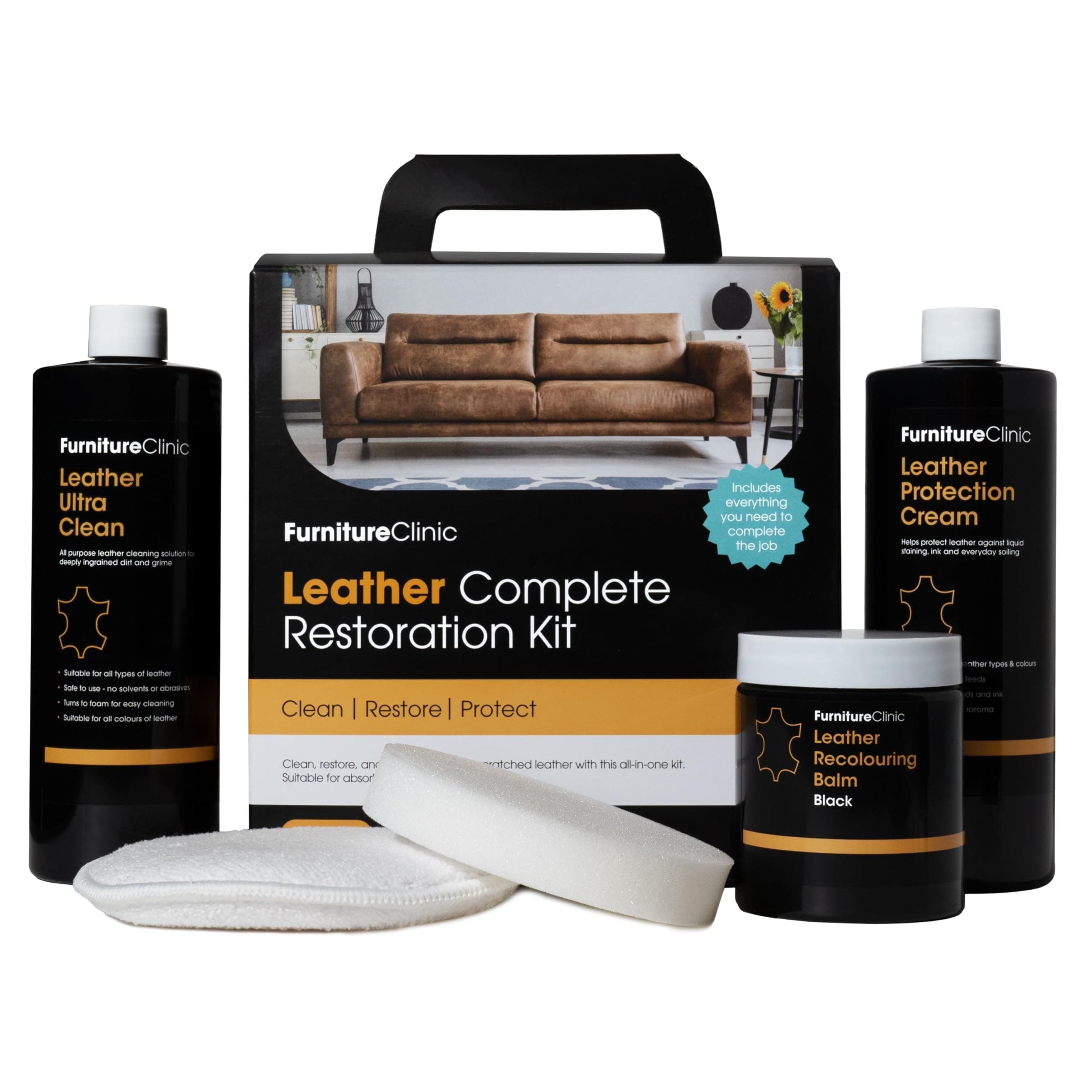 – Leather Complete Restoration Kit (Medium Brown) - Contains Leather Recolouring Balm, Protection Cream, Cleaner, Sponge and Applicator - Restore and Repair Sofas, Chairs, Car Seats and More