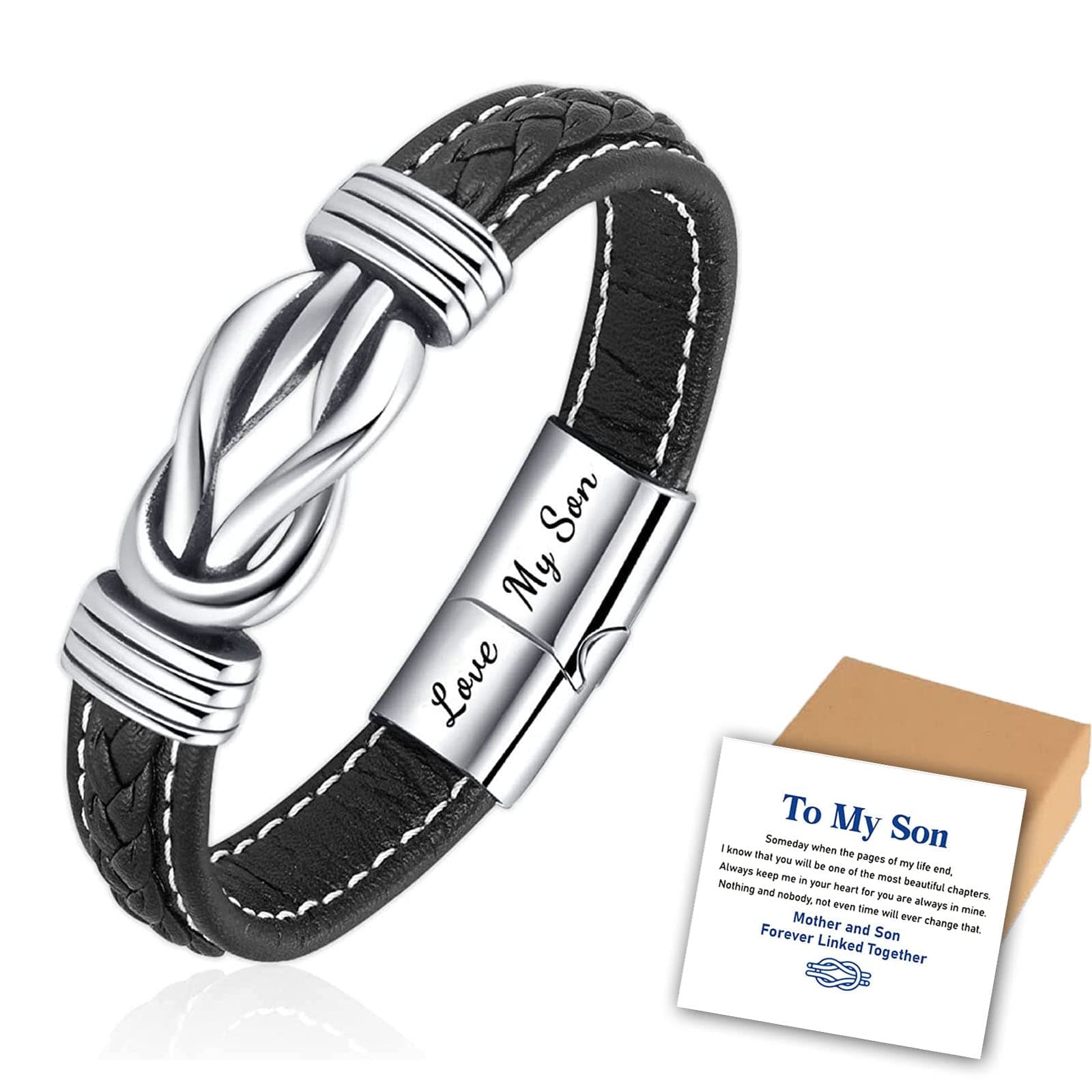 HPKJUYDS ?Mother and Son Forever Linked Together Braided Leather Bracelet, Men's Knot Wristband Cuff Bracelet, Inspirational Birthday Gift from Mom (1pc)