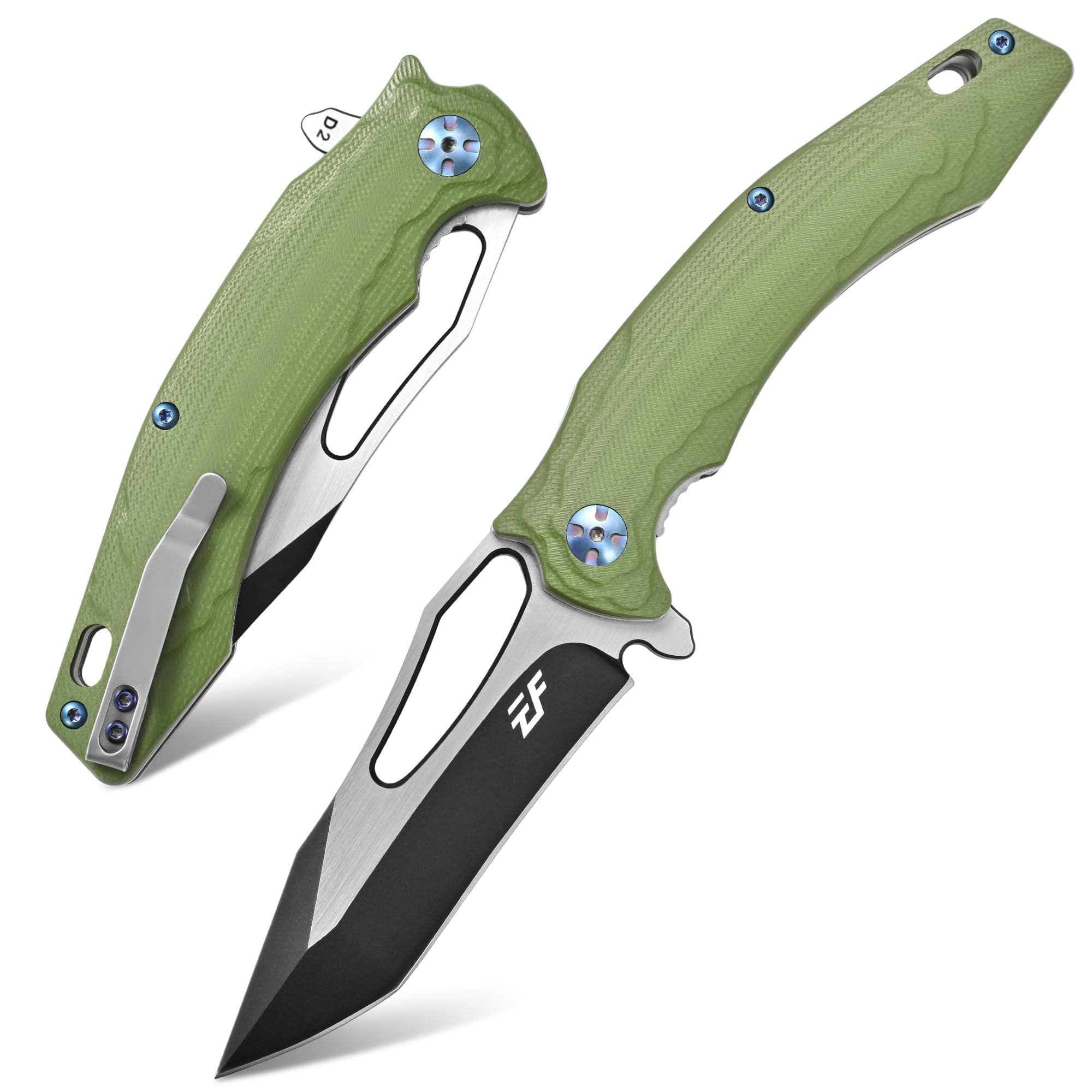 EF915 Folding Knife D2 Steel Blade with Black-Oxide Coating; G10 Handle with Ball Bearing Safe Open Flipper Knife, Locking Liner and Pocketclip for Camping Work (Green)
