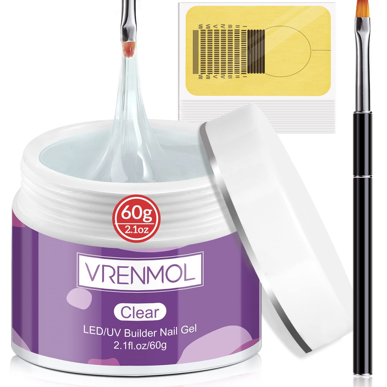 Vrenmol 60g Clear Builder Nail Gel Kit, Builder Nail Gel Set Nail Strengthen LED/U V Gel Hard Gel Nail Art Manicure Set with Nail Forms Acrylic Nail Brush for Beginners