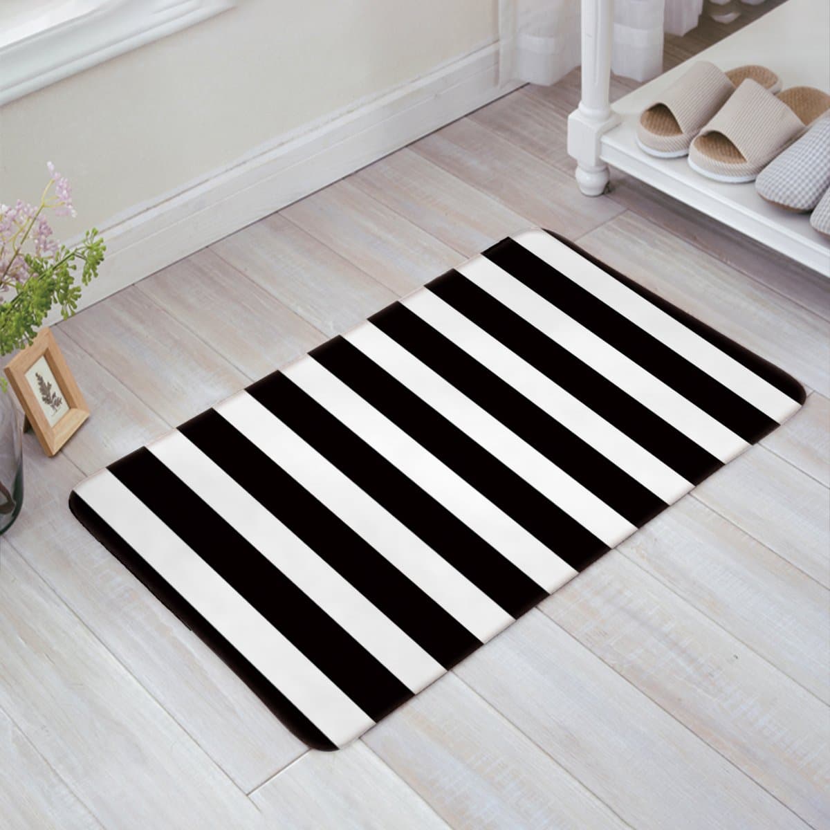 Infinidesign Welcome Doormat Kitchen Floor Bath Entrance Mat Rug Indoor/Front Door Thin Mats Rubber Non Slip 32"x20" Black and White Vertical Stripe