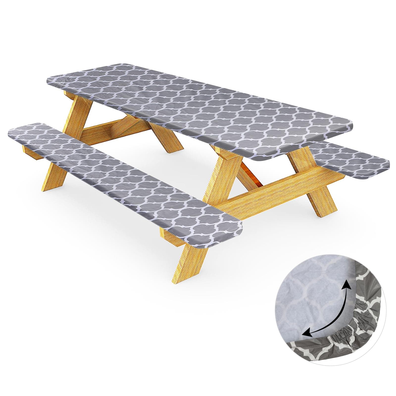 2024 Vinyl Picnic Table Cover and Bench Covers Fitted Tablecloth,Flannel Backing Elastic Edge Waterproof Wipeable Plastic Tabel Cover Vinyl Tablecloth for Indoor Outdoor Parties 3pcs - 72 * 30 in