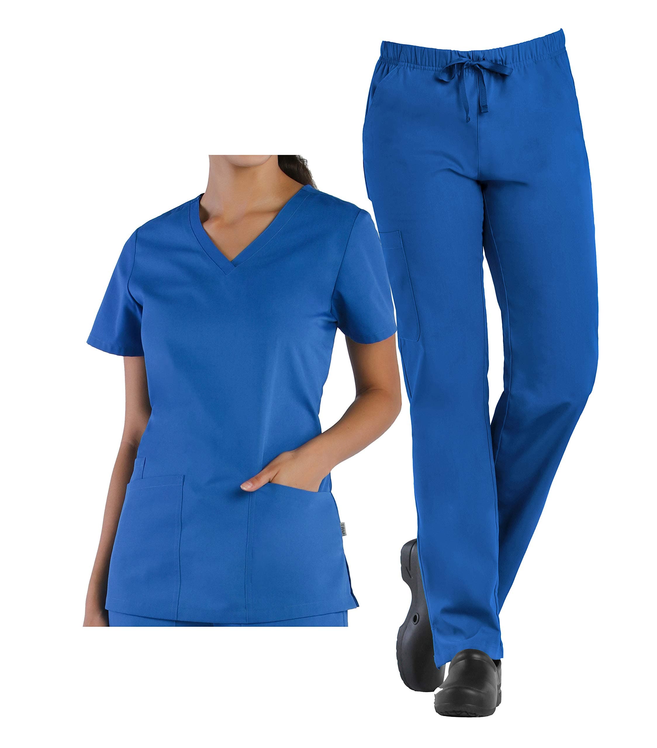 Medical Scrubs TRU Basic Womens V-Neck Top & Cargo Full Elastic Pant Scrub Set