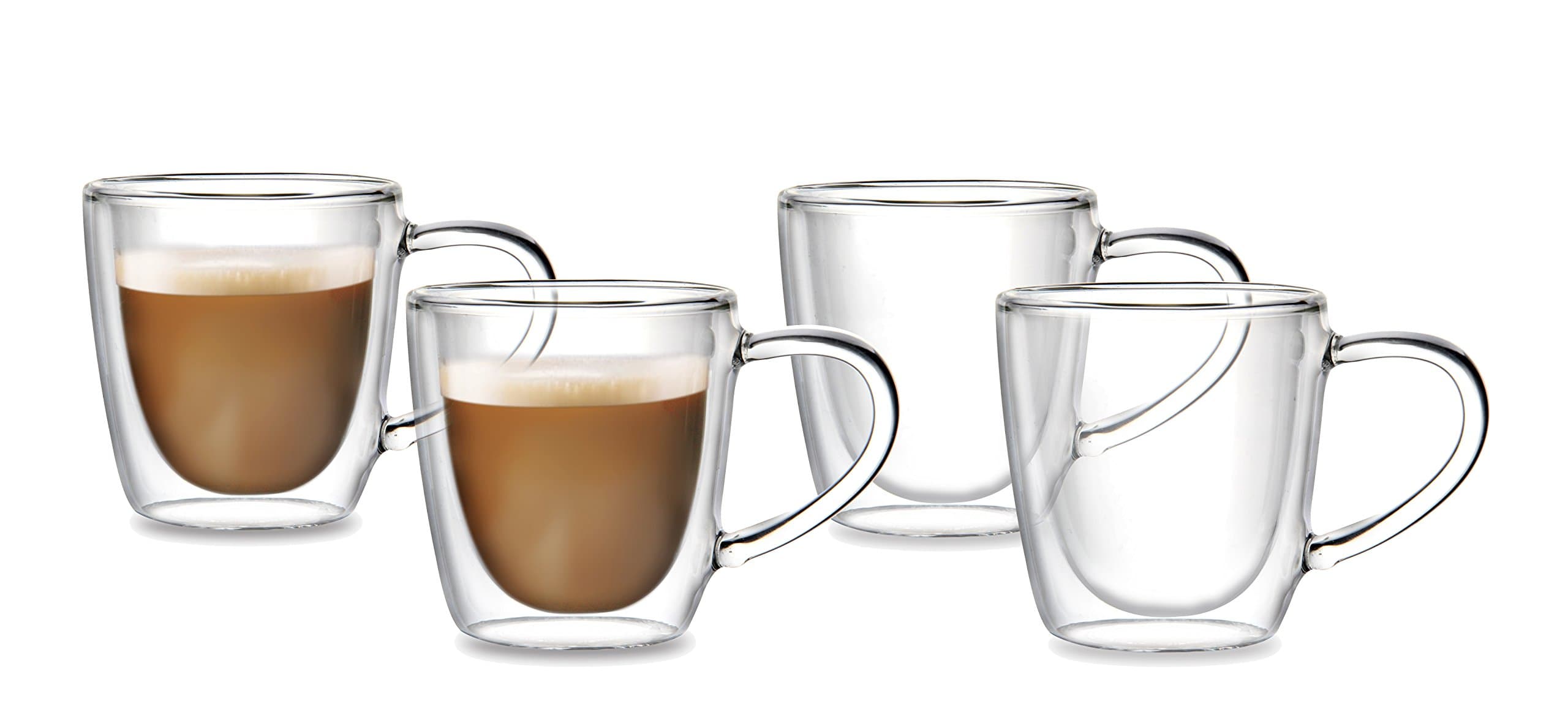 Double Walled Thermo Glasses with Handles, 4 x 150ml Cups with Floating Effect for Tea, White Coffee, Latte, Cappuccino The glasses / mugs are hand made of the highest quality.