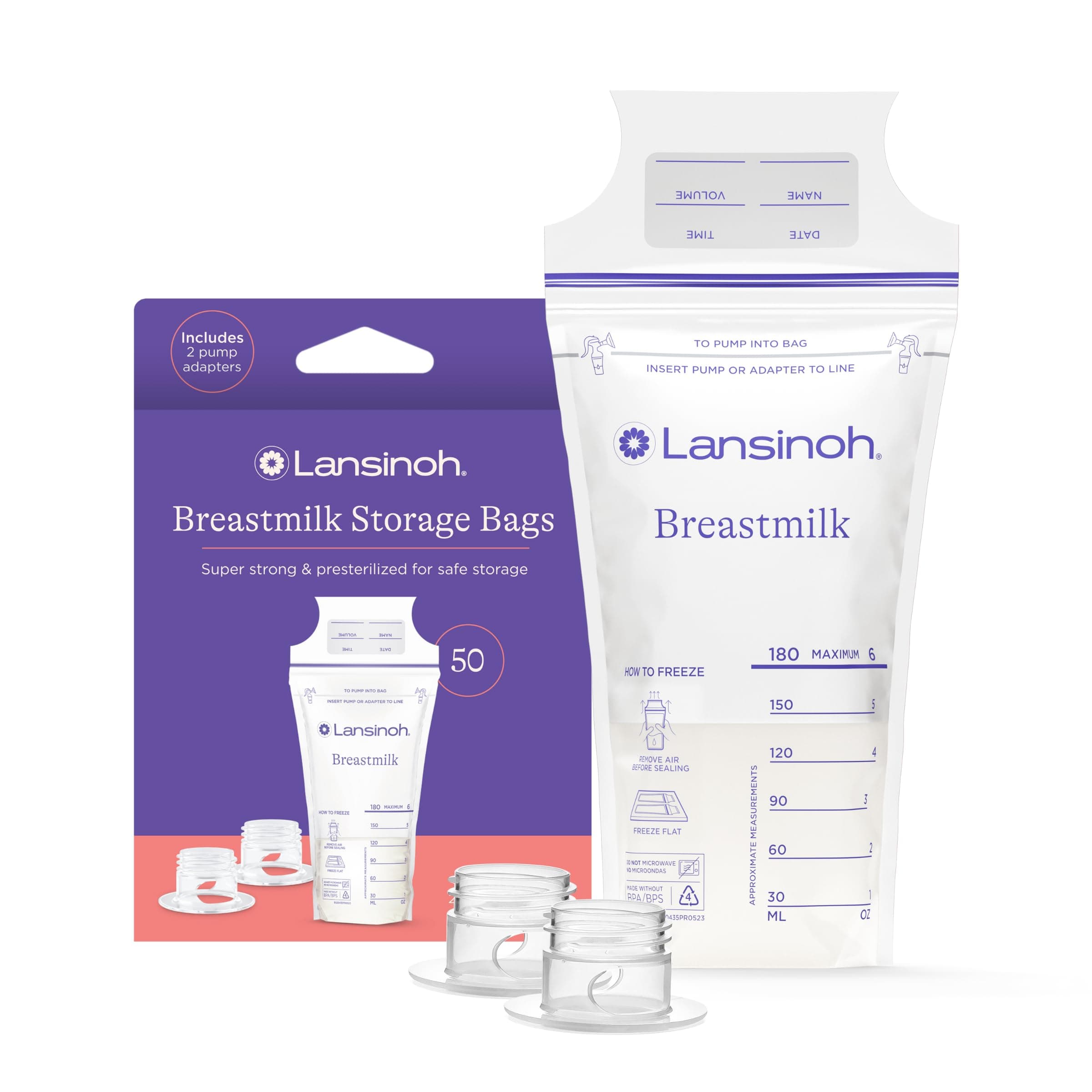 Breastmilk Storage Bags with Pump Adapters for Bags, 50 count