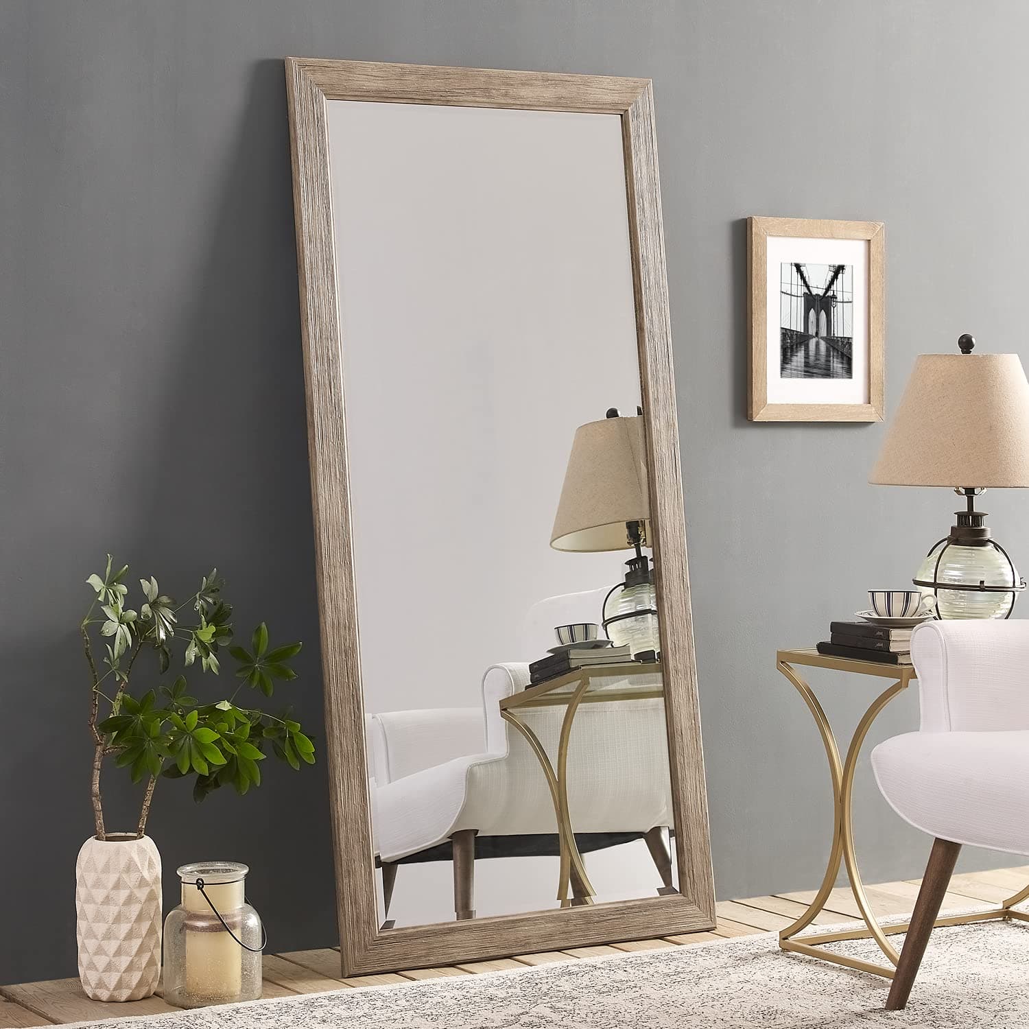 Naomi HomeFarmhouse Full-Length Mirror with Wood Frame – Rustic 66"x32" Large Floor Mirror, Elegant Full Body Standing or Wall Mirror, Rustic Wood Mirror Full Length for Bedroom, Warm Grey Finish