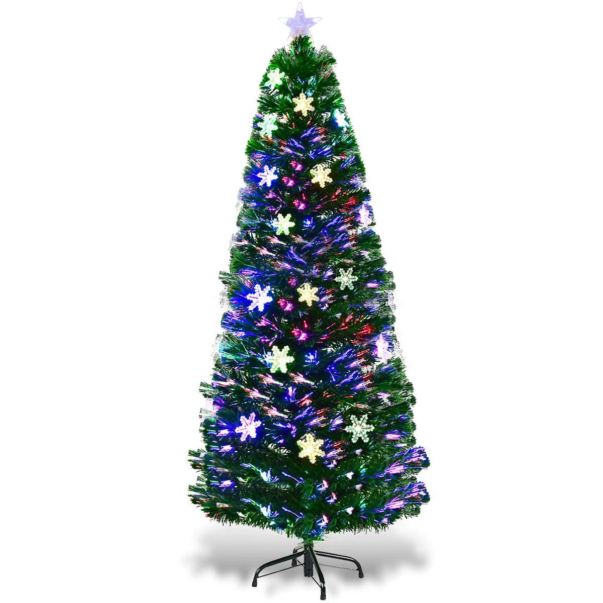 Goplus 6ft Fiber Optic Artificial Christmas Tree, Pre-Lit Xmas Tree with Colorful Snowflake LED Lights, 220 Branch Tips, Foldable Metal Base, for Holiday, Office, Home Decor