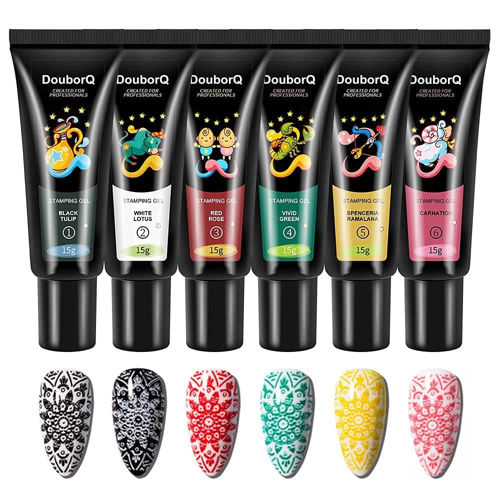 DouborQ Nail Stamping Polish Gel Pack of 6 Colors 15ml Printing Nail Plate Template Polish